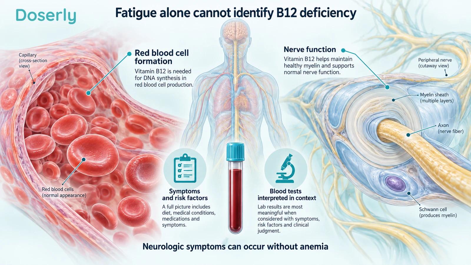 Normal red blood cells and a myelinated nerve illustrated beside a blood sample and clinical assessment labels.