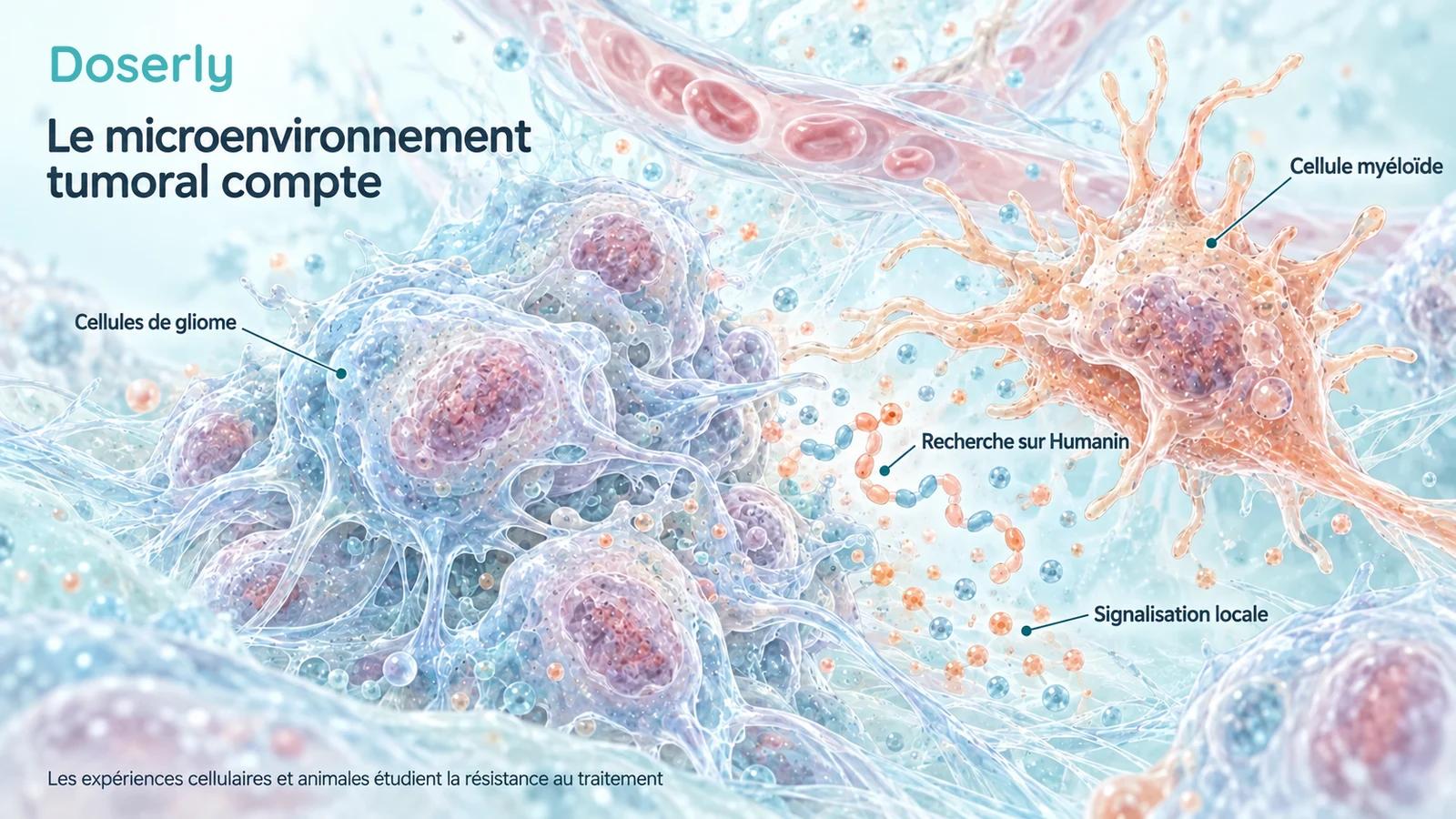 Amas de cellules de gliome et cellule myéloïde ramifiée dans un environnement microscopique détaillé, avec des étiquettes de signalisation locale