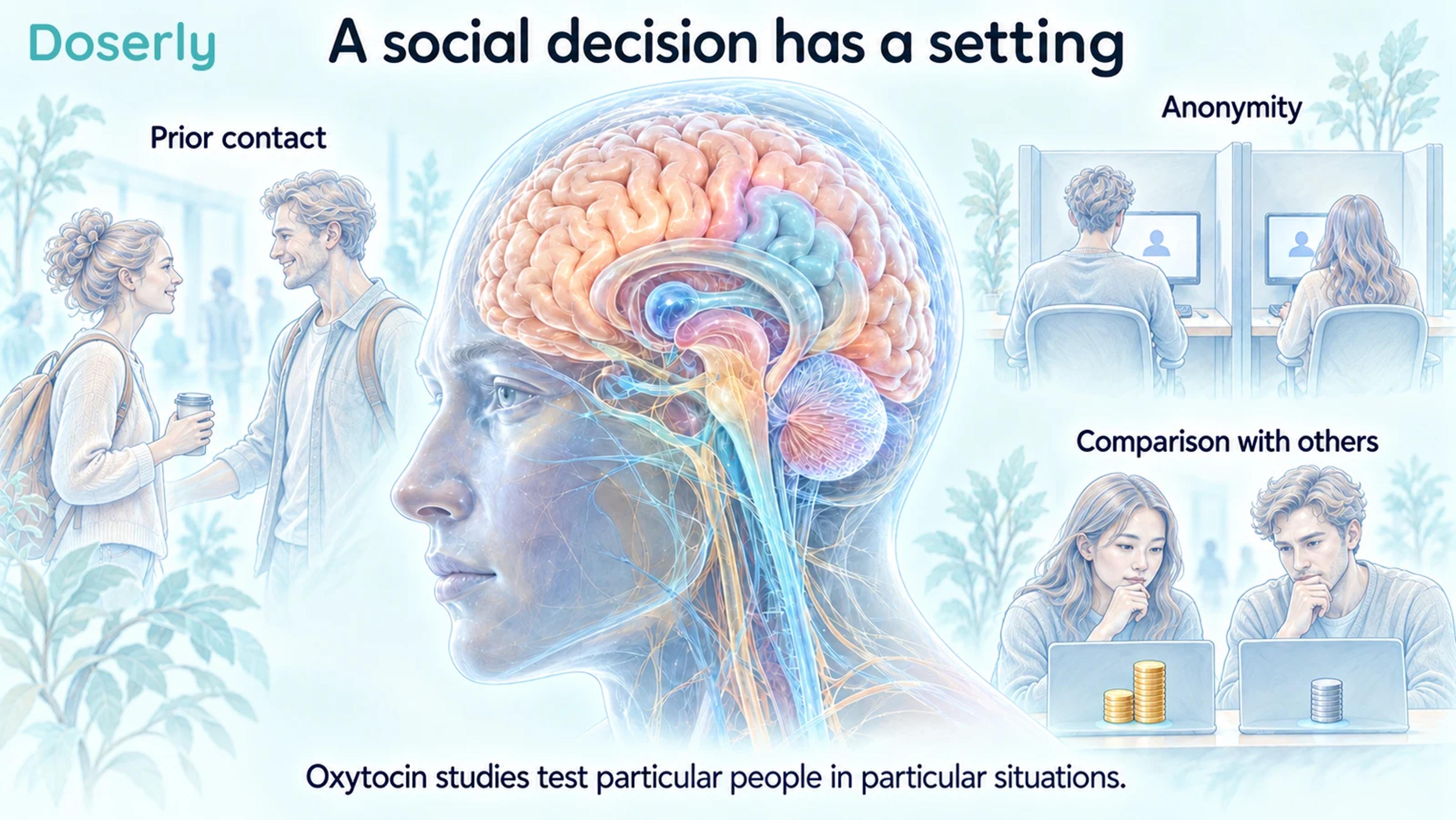 A conceptual brain surrounded by scenes of prior contact, anonymity and social comparison.