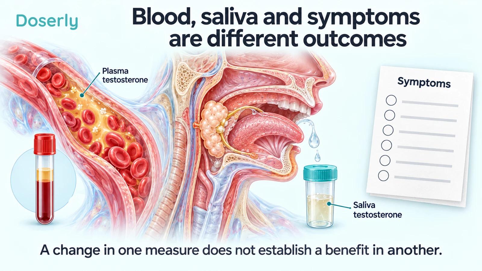 An illustrated blood vessel and specimen tube sit beside oral anatomy and a saliva sample, with a separate unscored symptom sheet.
