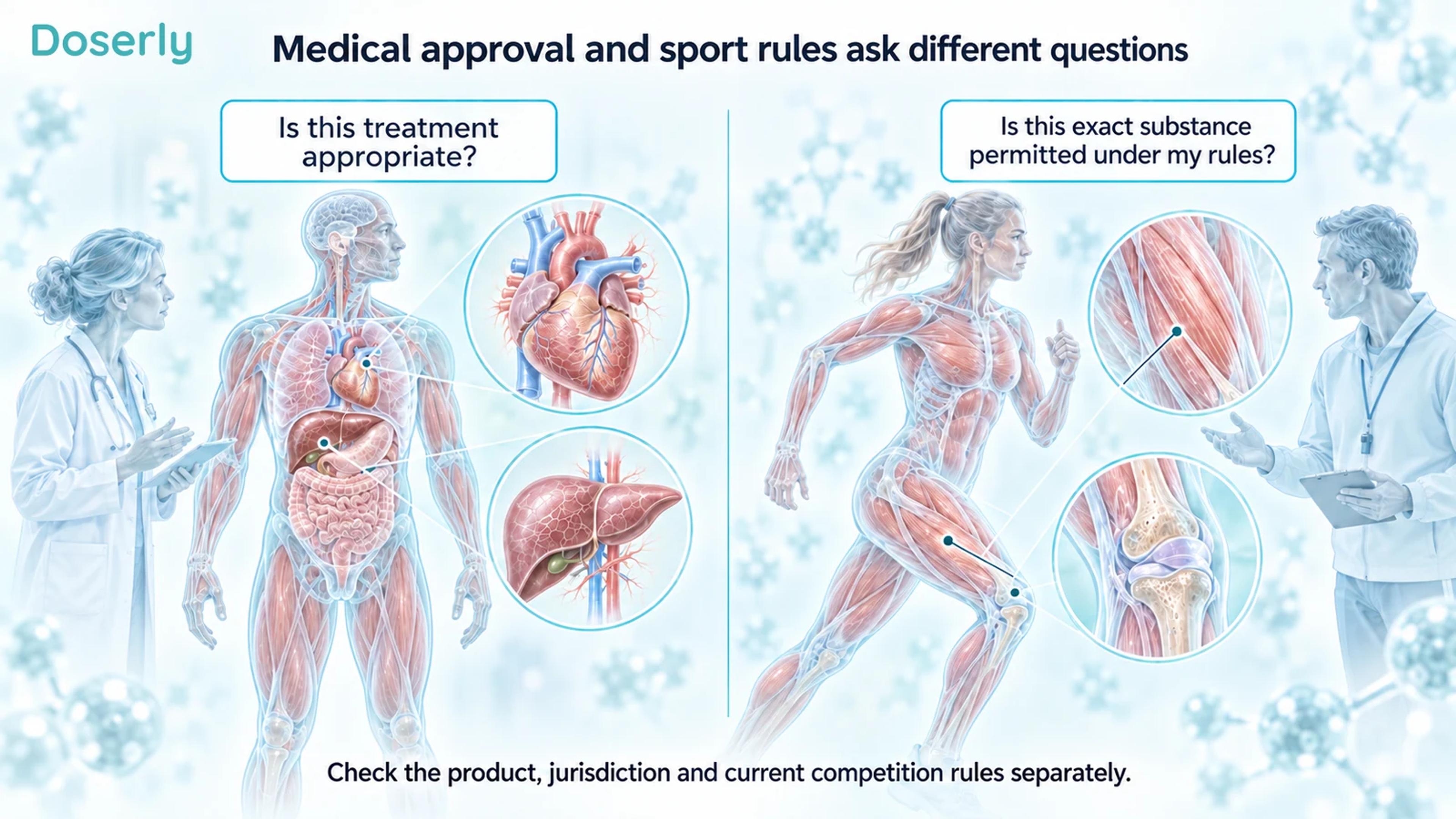 Illustrated medical consultation and athlete assessment with detailed anatomical insets, distinguishing treatment suitability from permission under current sport rules.