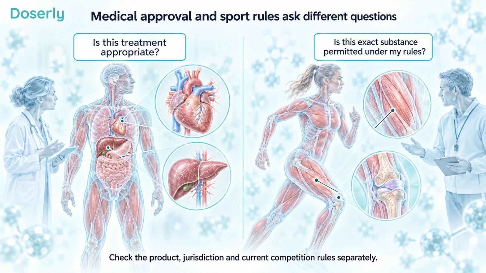 Illustrated medical consultation and athlete assessment with detailed anatomical insets, distinguishing treatment suitability from permission under current sport rules.