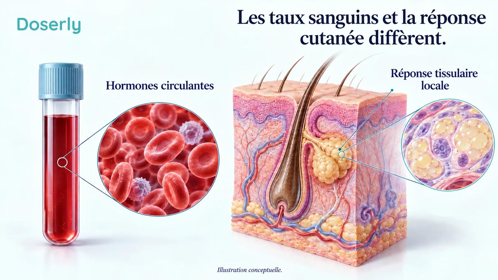 Comparaison conceptuelle entre un échantillon de sang circulant et un follicule cutané détaillé présentant une signalisation androgénique locale.