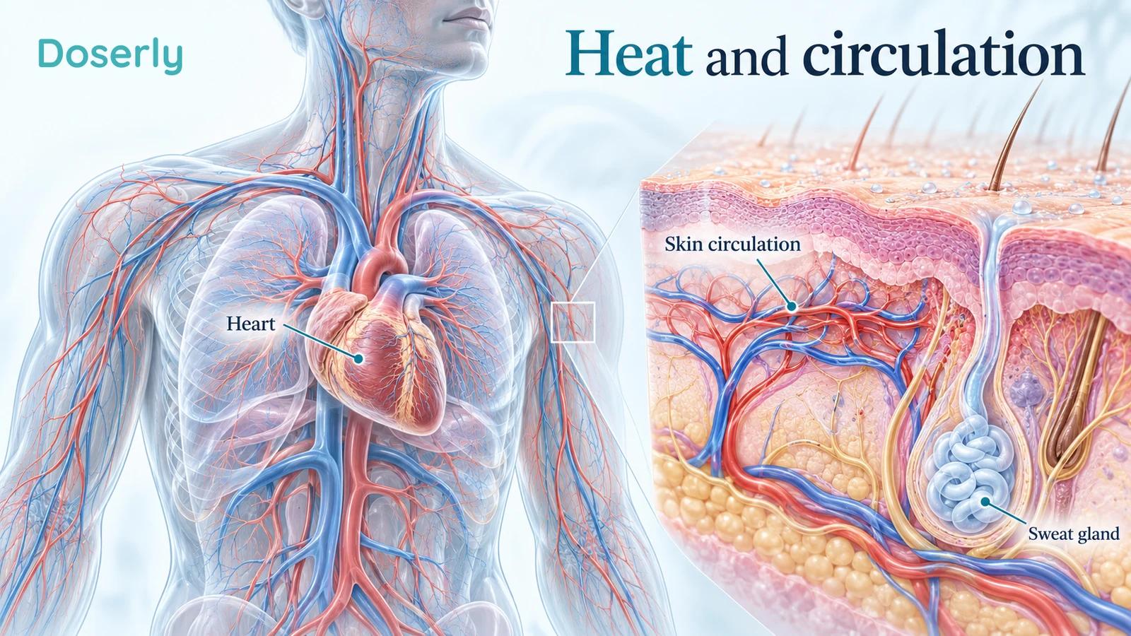 Conceptual torso showing the heart supplying blood to skin vessels during heat exposure.