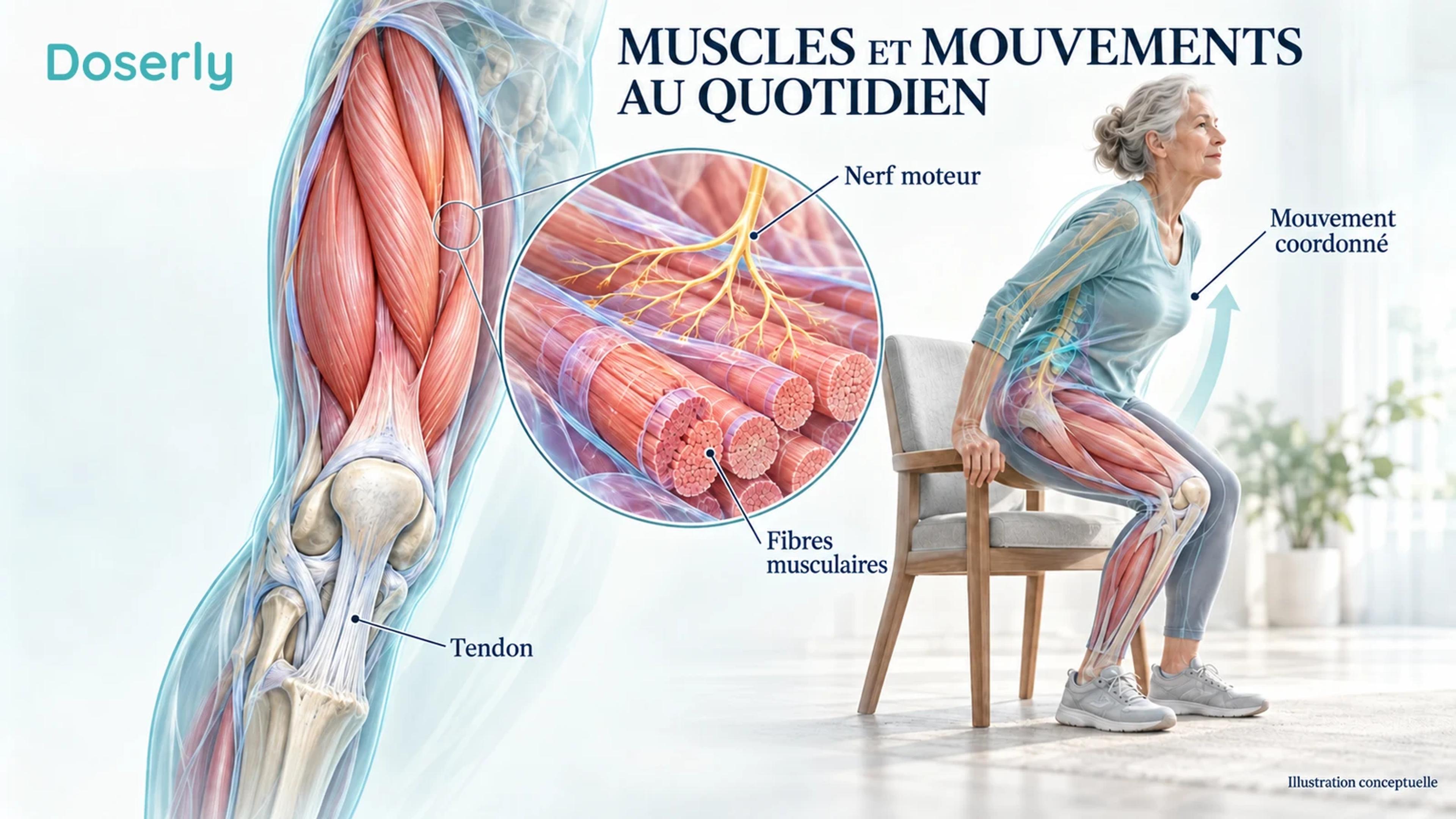 Muscle de la cuisse, tendon et nerf moteur détaillés, à côté d’une personne âgée qui se lève d’une chaise.