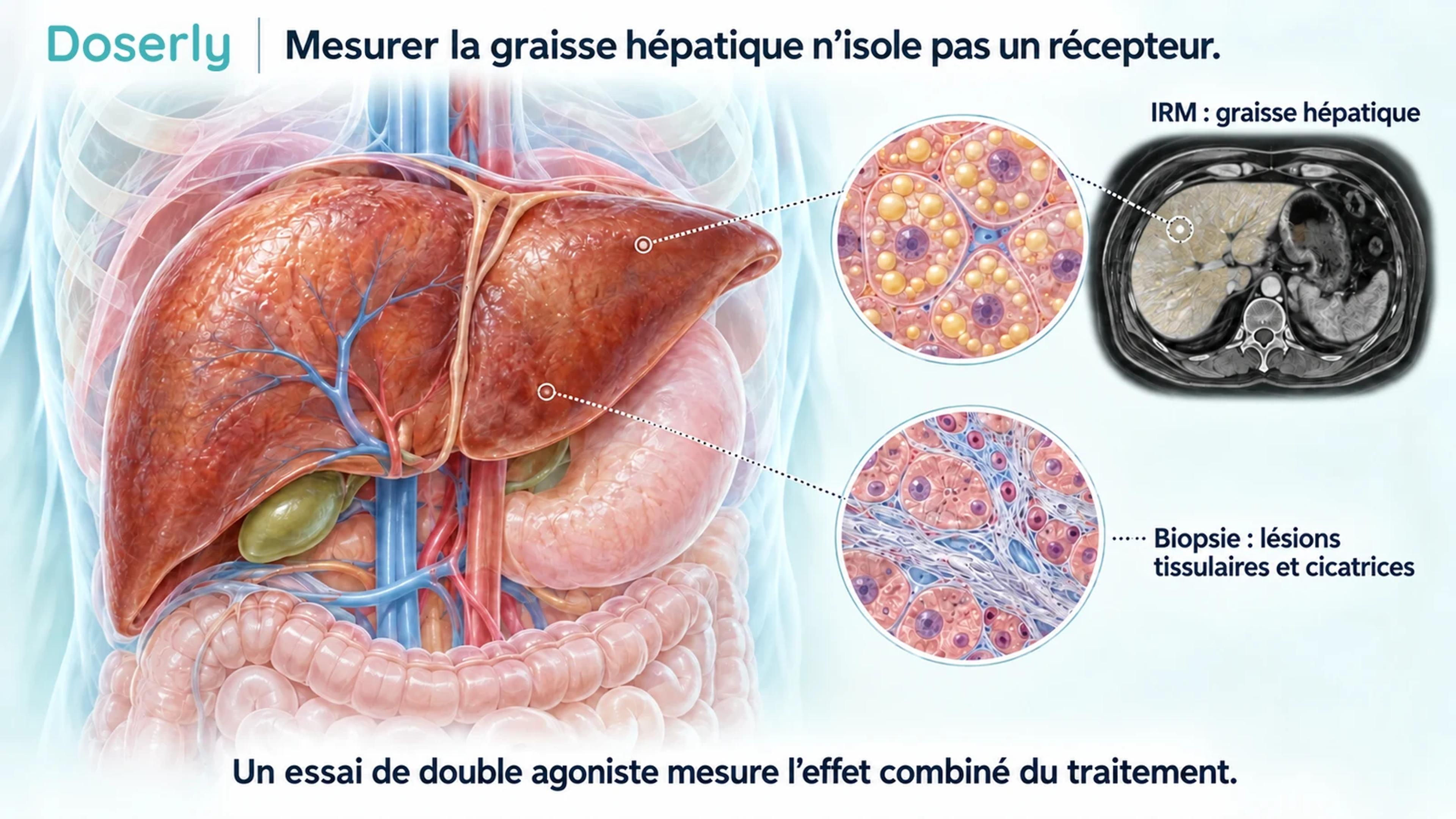 Anatomie du foie avec encadrés conceptuels d’IRM et de biopsie illustrant différentes mesures de la maladie.