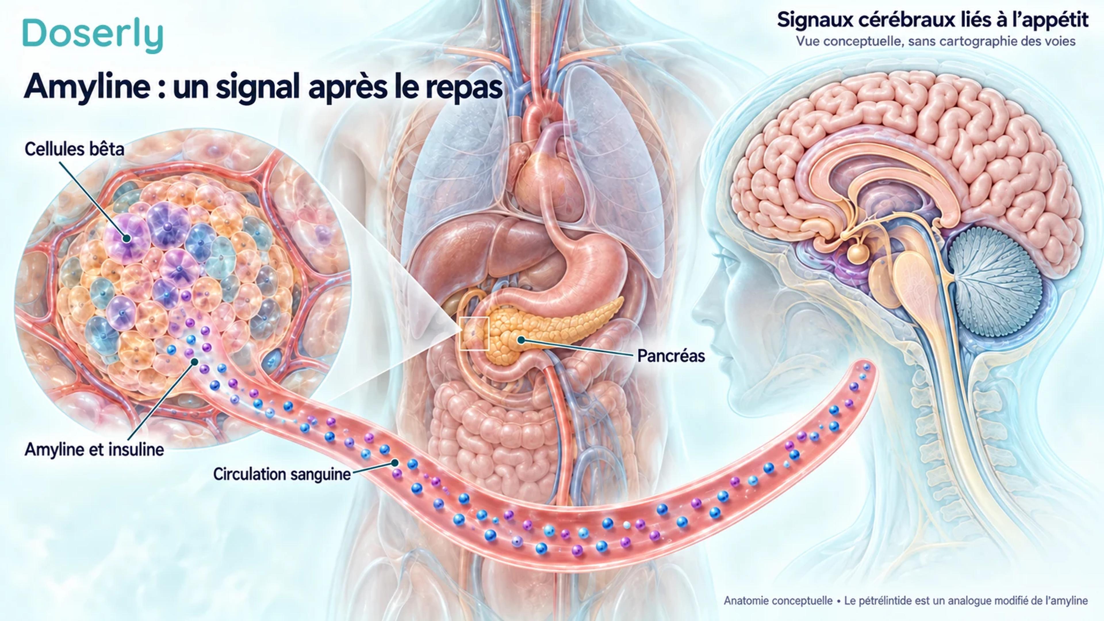 Cellules bêta du pancréas libérant des hormones liées aux repas, à côté d’une illustration conceptuelle du cerveau.