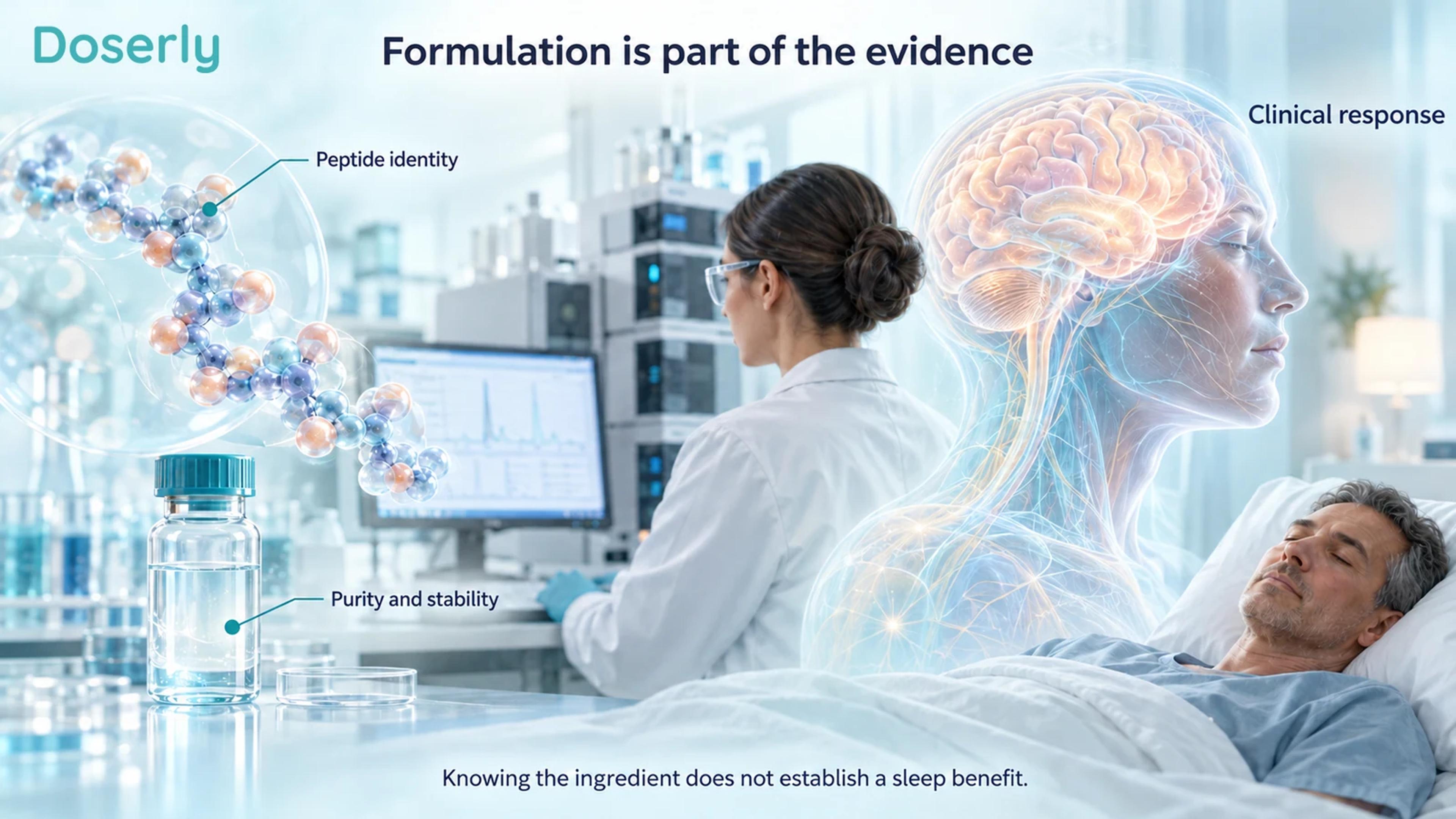 An abstract peptide, analytical laboratory scene and separate conceptual sleep illustration.