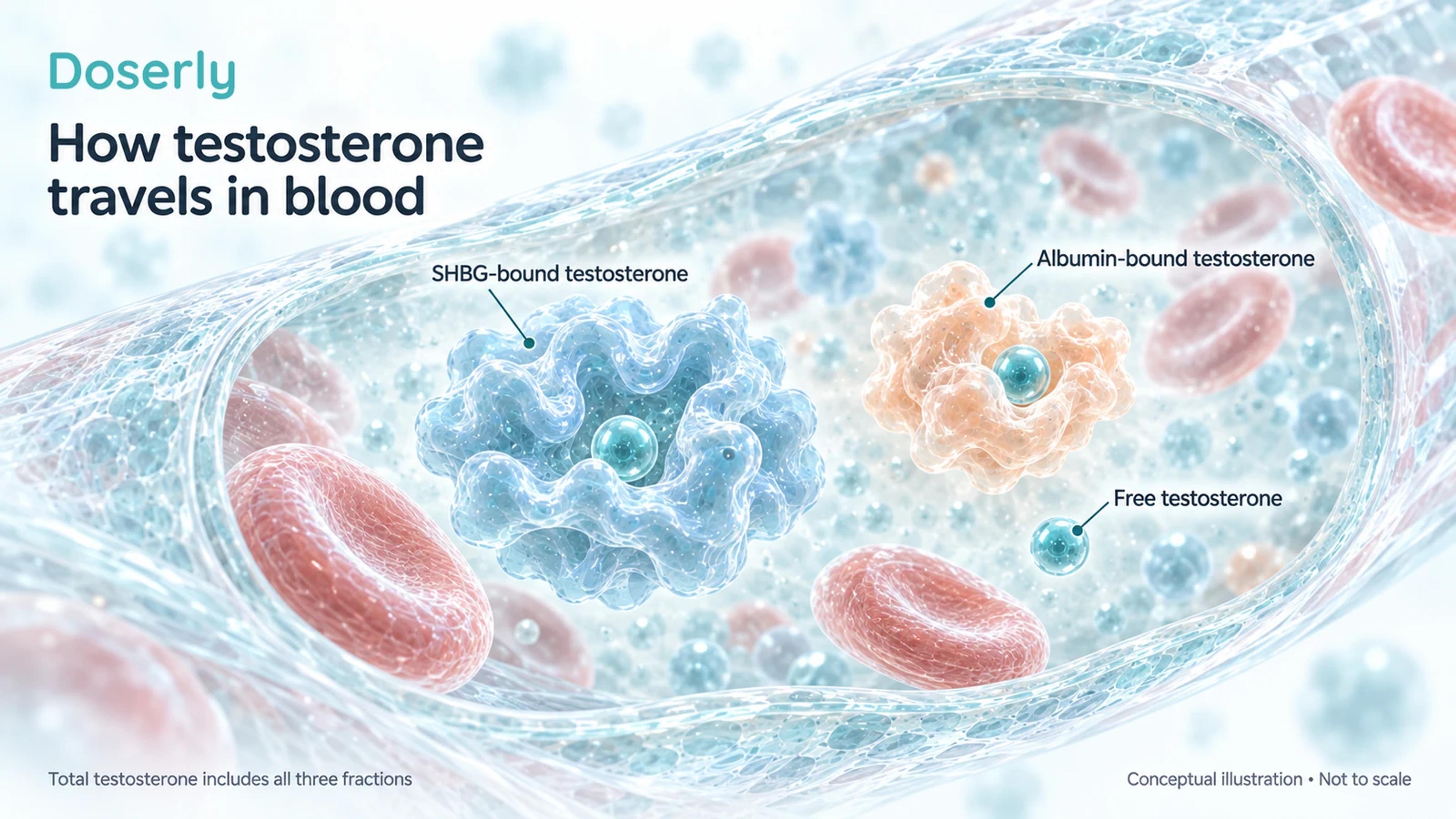 Conceptual blood vessel showing testosterone bound to SHBG and albumin alongside unbound testosterone.