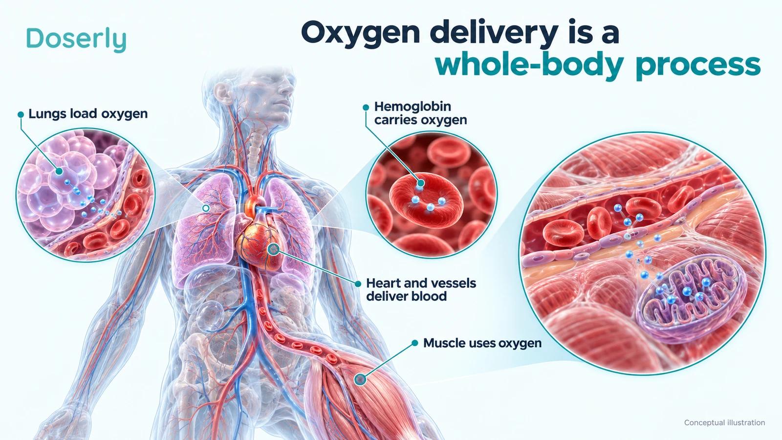 A lung-to-heart-to-muscle illustration follows oxygen loading, blood transport and oxygen use in muscle.