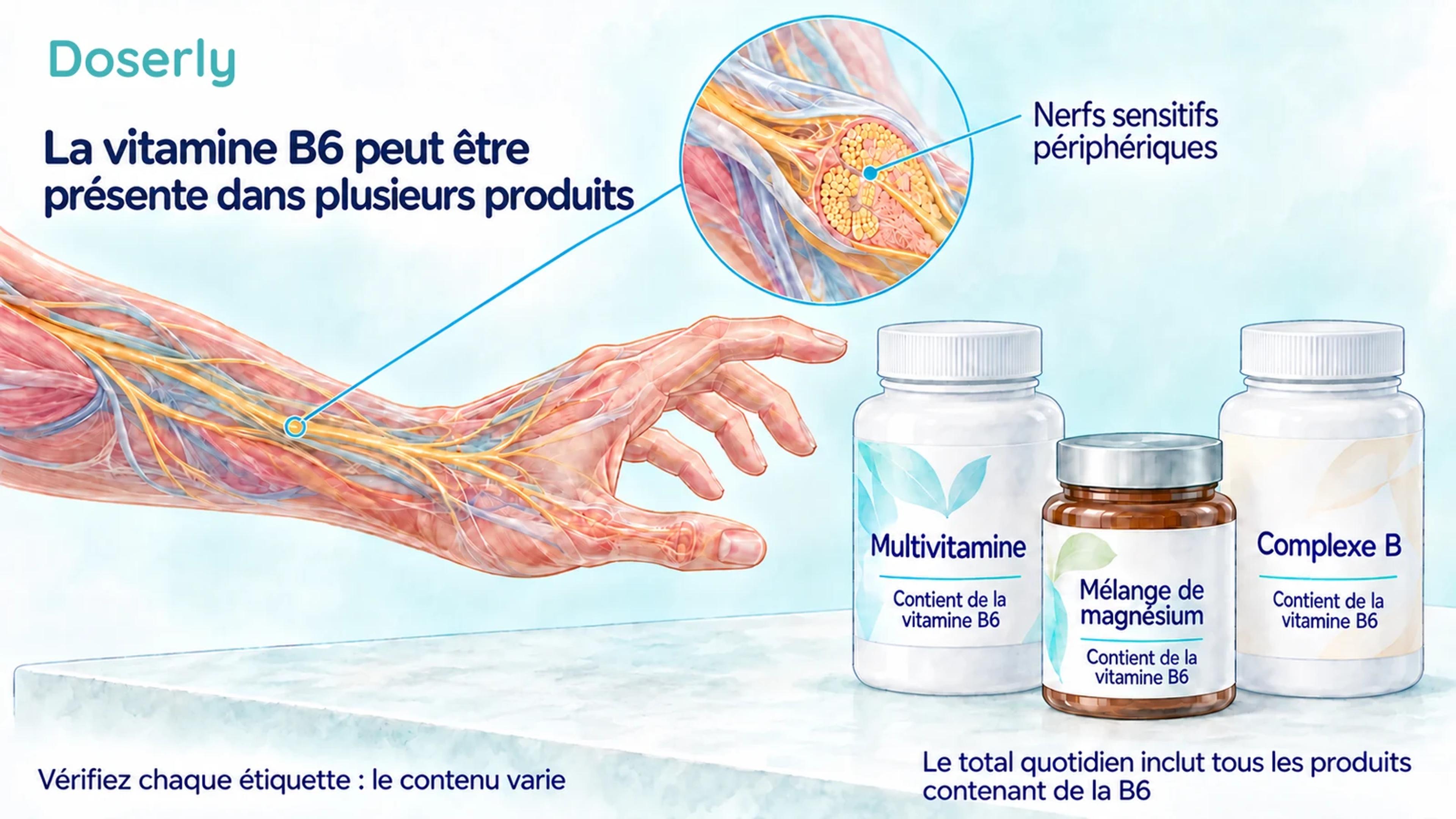 Illustration des nerfs de l’avant-bras à côté de contenants de multivitamines, de mélange de magnésium et de complexe B portant une mention de B6.