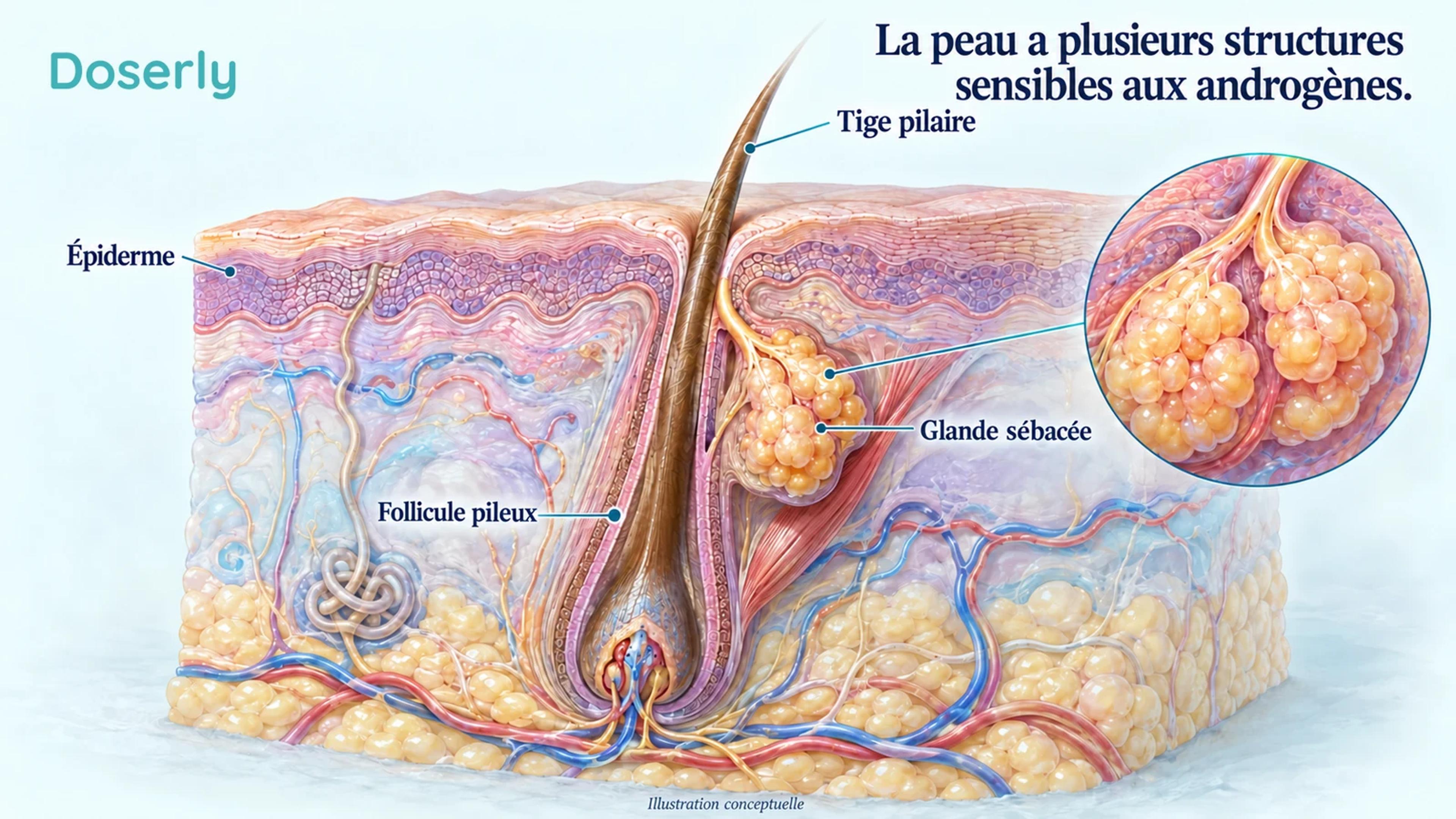 Coupe conceptuelle de la peau montrant un follicule pileux et la glande sébacée qui lui est associée.