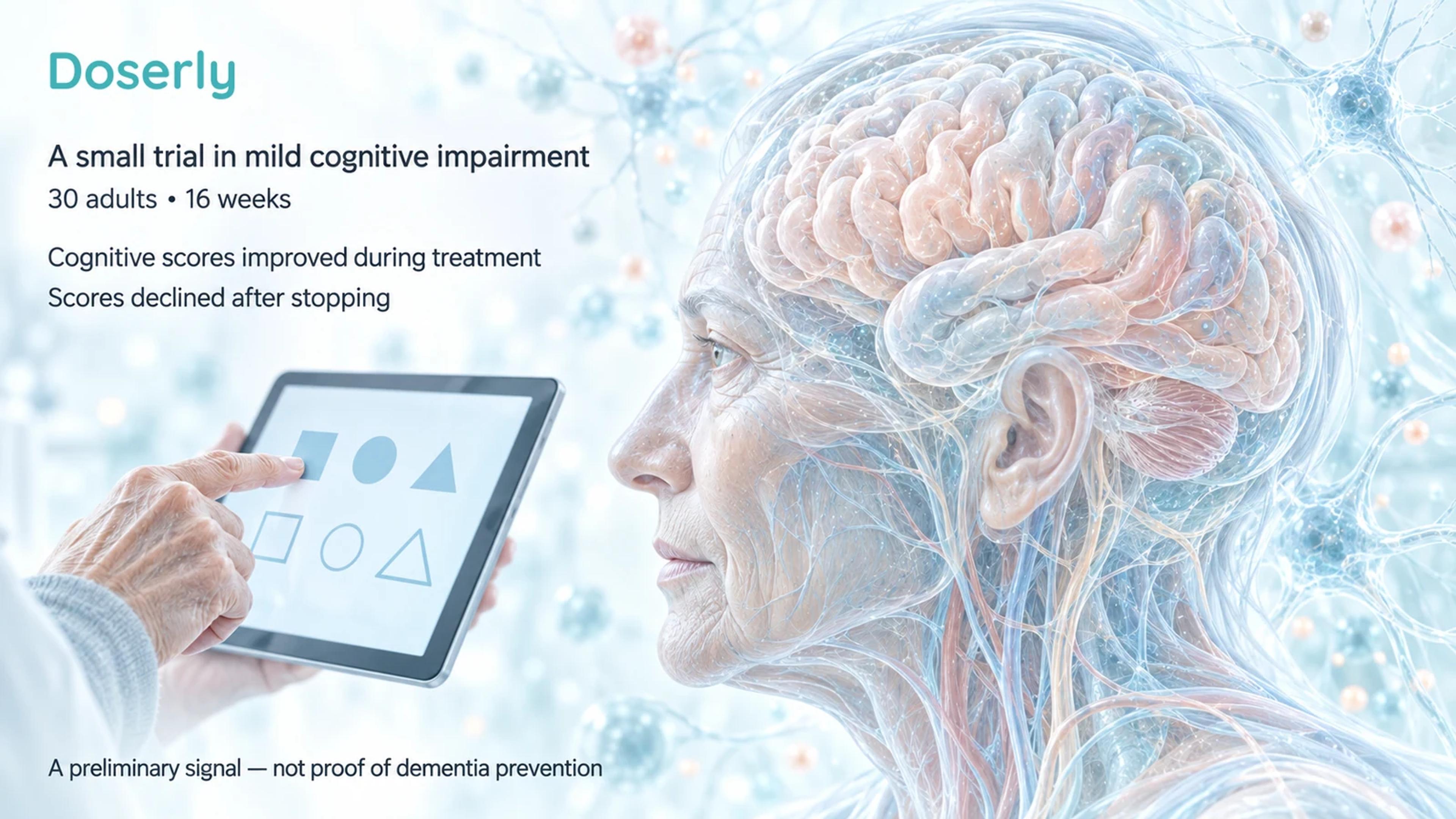A translucent older adult’s head and a conceptual cognitive-assessment tablet accompany the 30-person, 16-week lion’s mane trial and its post-treatment score decline.