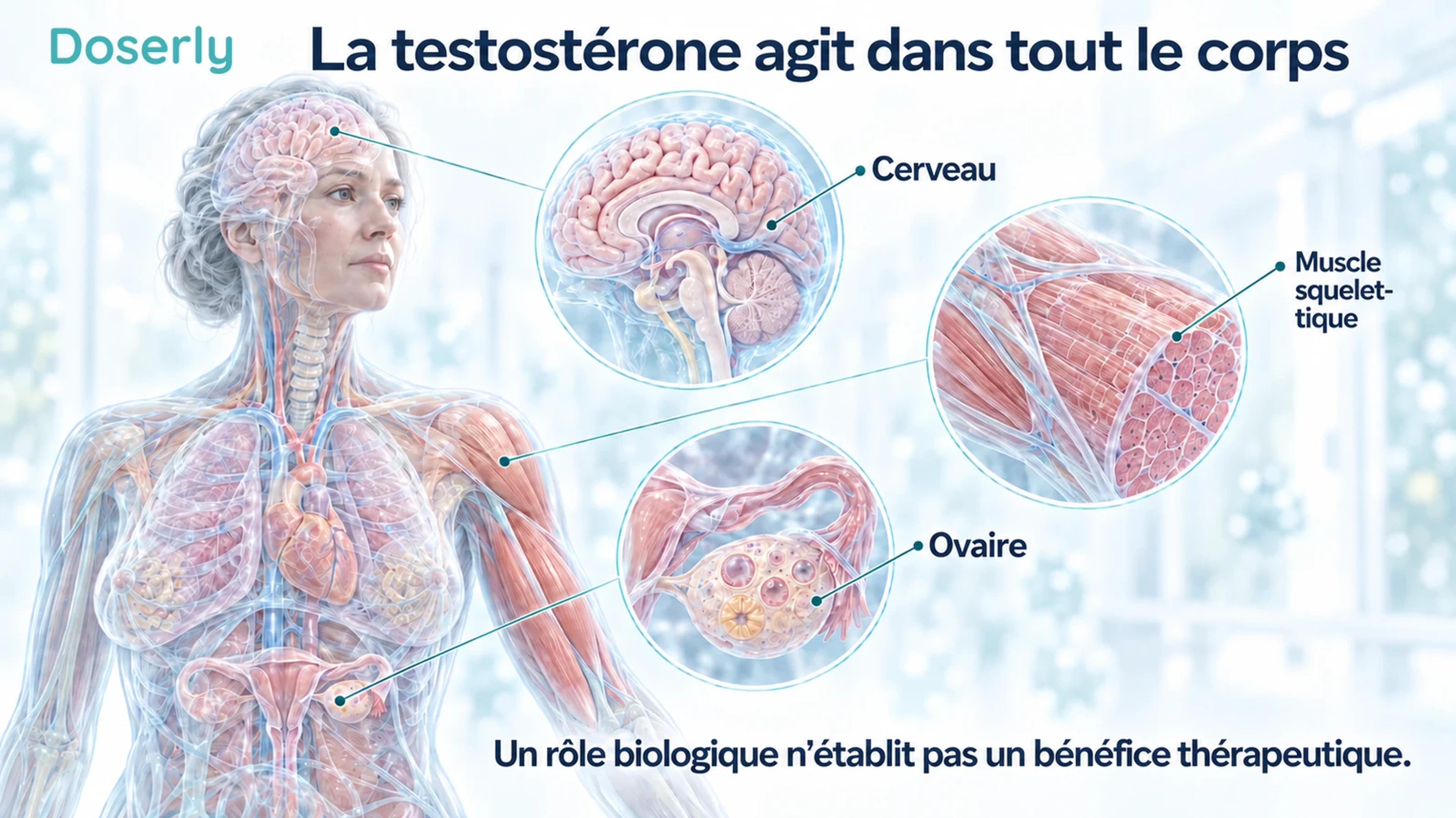 Corps féminin translucide avec des vues anatomiques du cerveau, d’un ovaire et du muscle squelettique.