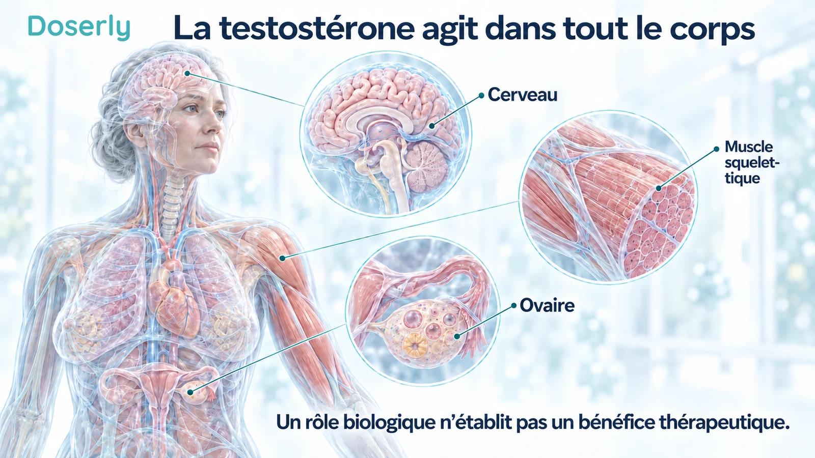Corps féminin translucide avec des vues anatomiques du cerveau, d’un ovaire et du muscle squelettique.