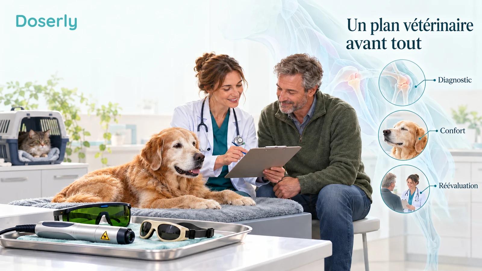 Un vétérinaire et un propriétaire examinent un plan de soins à côté d’un chien détendu, avec des lunettes de protection et une pièce à main laser inactive sur un plateau distinct.