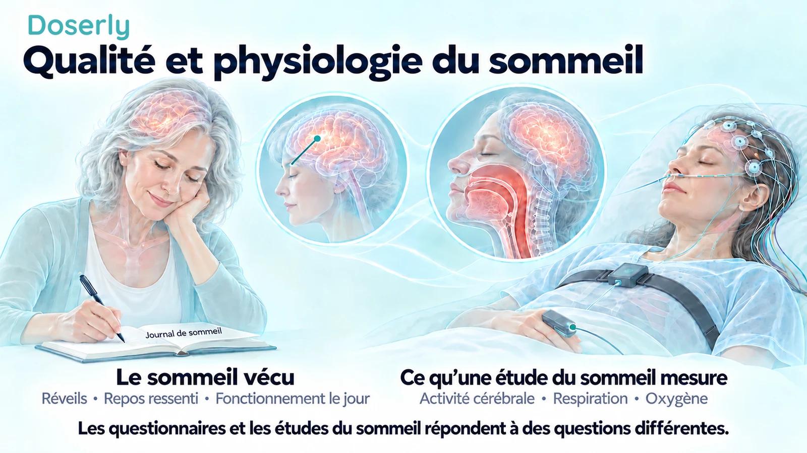 Une femme remplit un journal de sommeil à côté d’une autre femme qui passe une étude du sommeil avec des électrodes sur le cuir chevelu et des capteurs respiratoires.