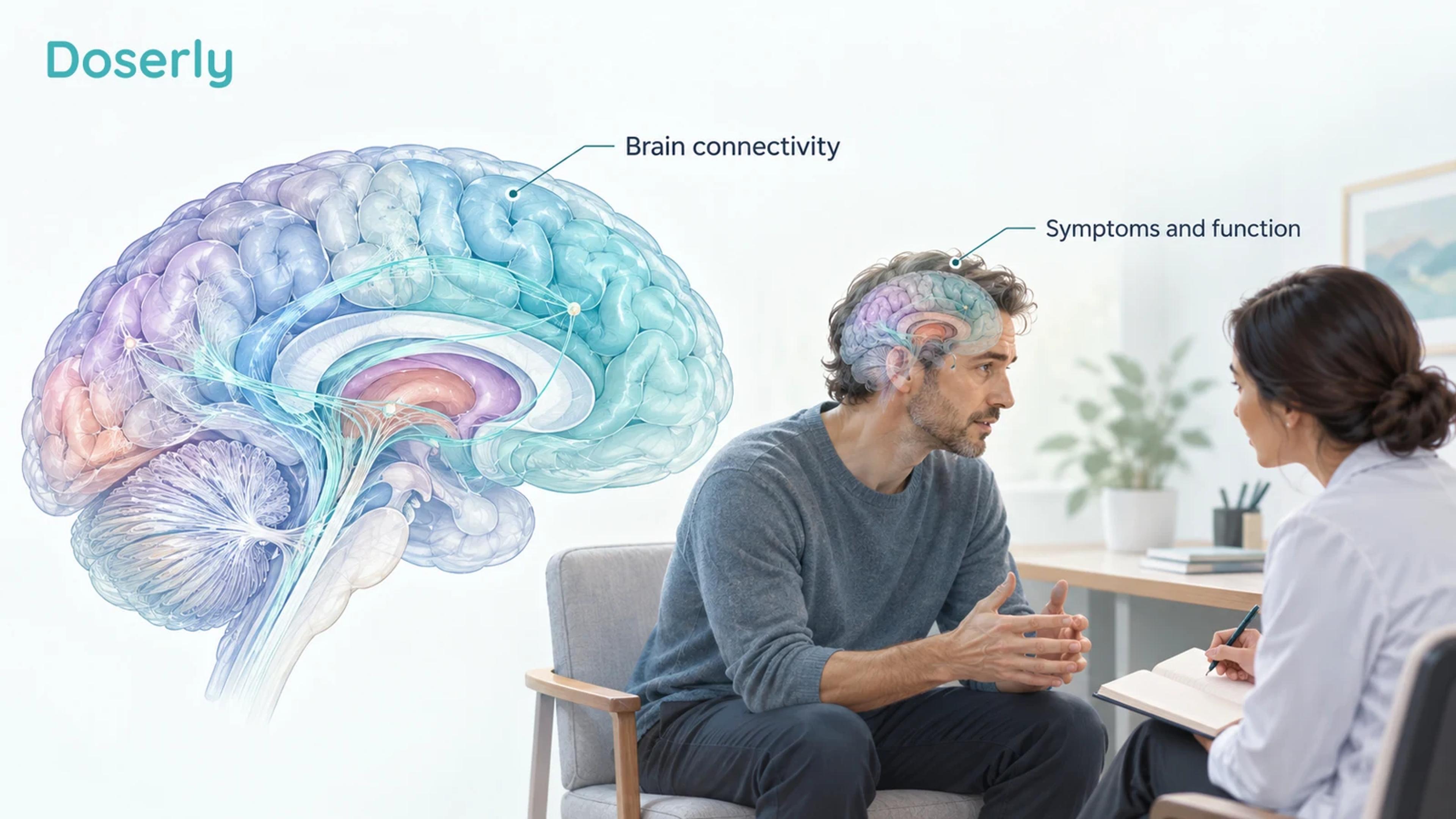 A conceptual brain with highlighted network connections sits beside a person describing symptoms and everyday limits.