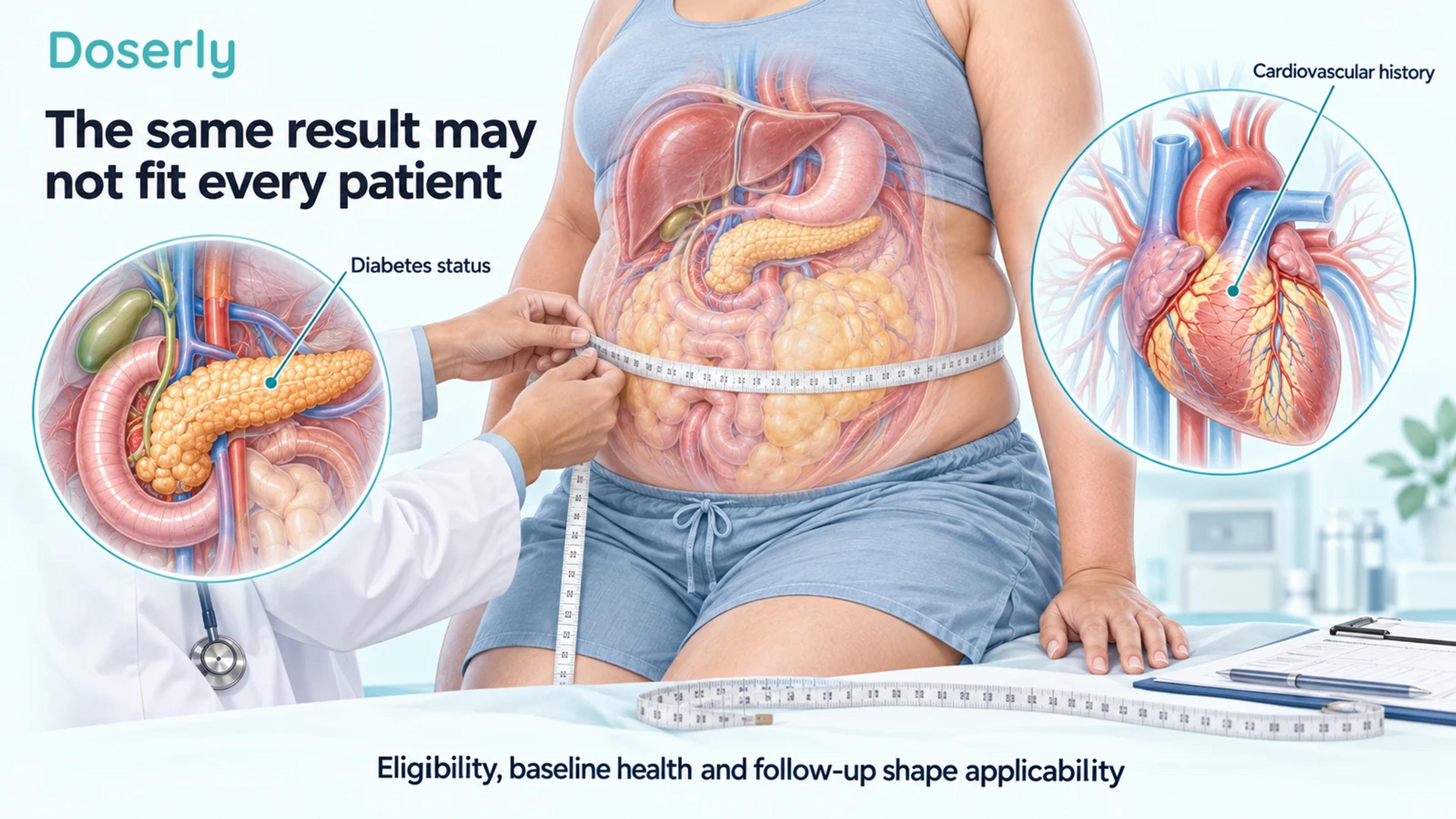 An adult waist measurement with translucent abdominal anatomy and separate pancreas and heart illustrations representing diabetes status and cardiovascular history.