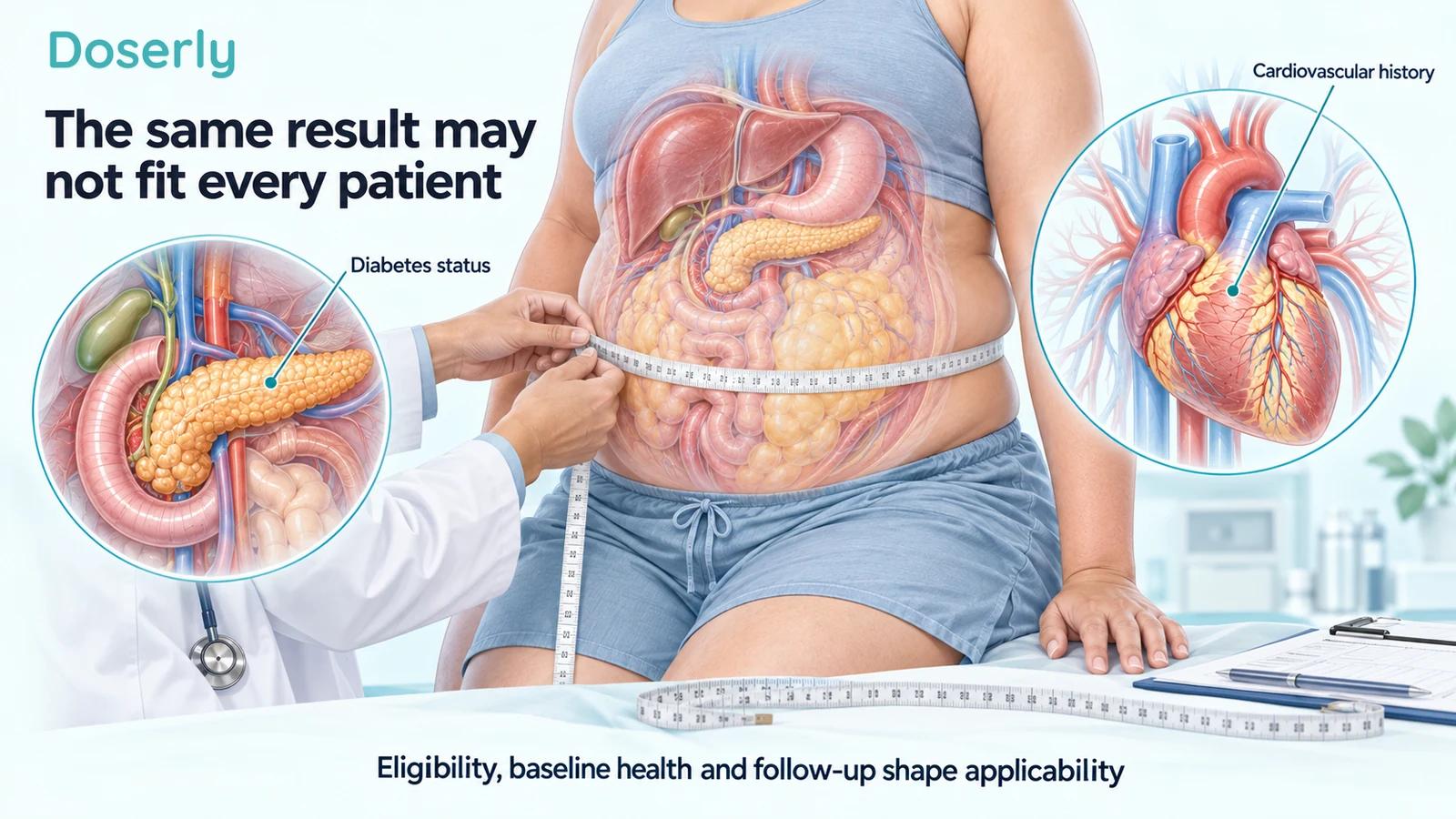 An adult waist measurement with translucent abdominal anatomy and separate pancreas and heart illustrations representing diabetes status and cardiovascular history.