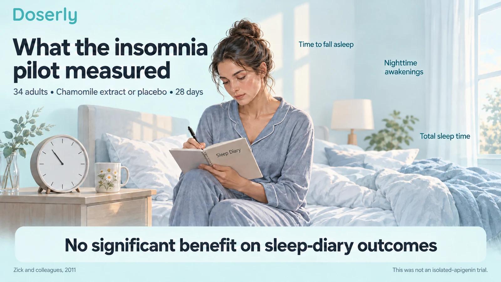 A woman completing a sleep diary beside a bed and clock, with the chamomile pilot's population, duration and negative sleep result.
