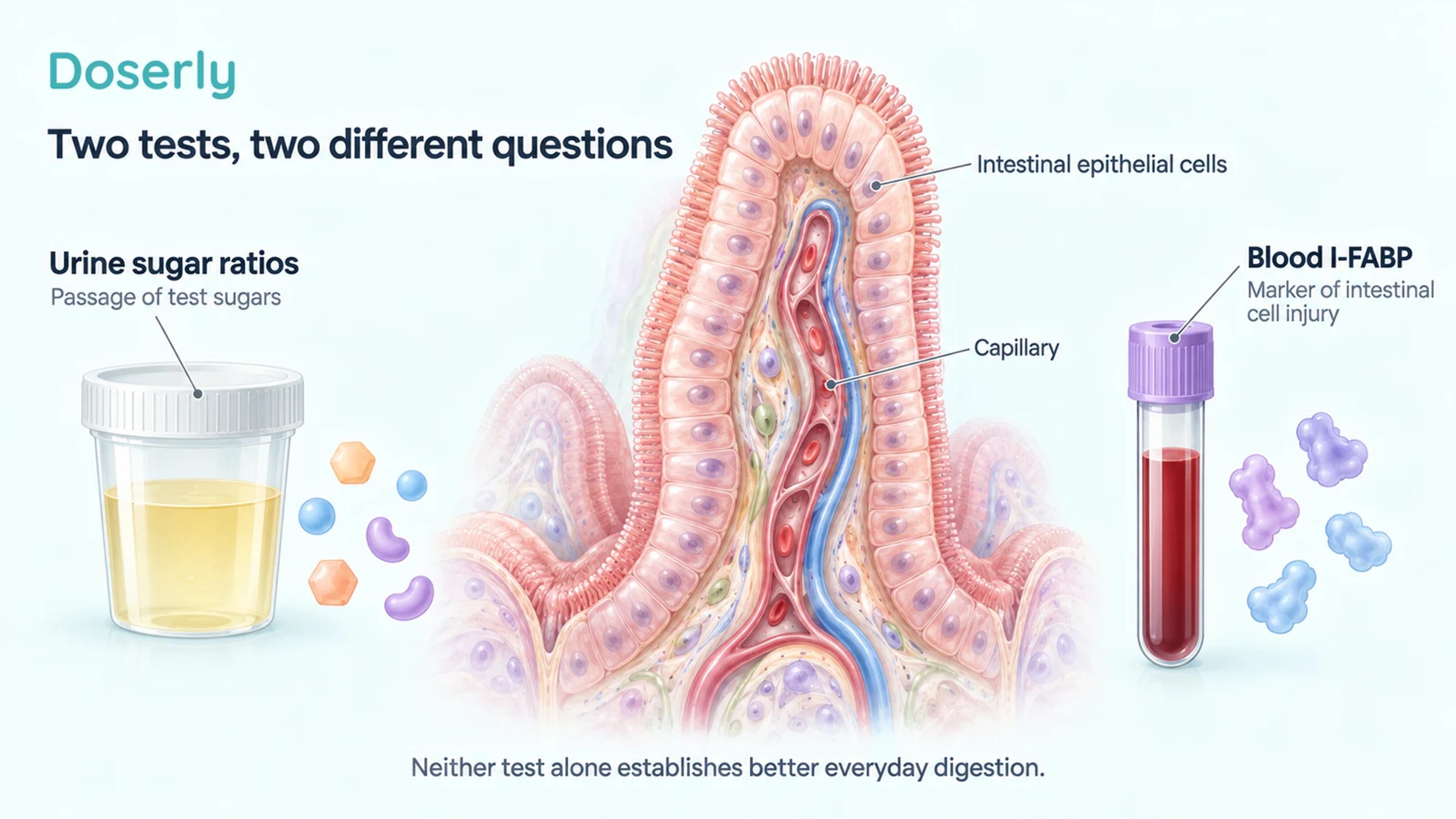 A small-intestinal villus beside a urine specimen for sugar-ratio testing and a blood tube representing I-FABP measurement.