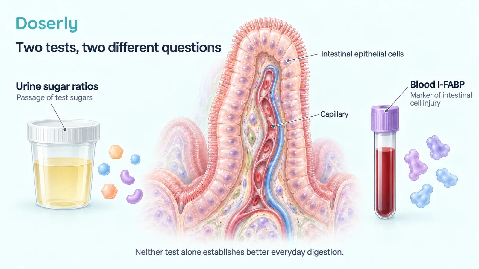 A small-intestinal villus beside a urine specimen for sugar-ratio testing and a blood tube representing I-FABP measurement.