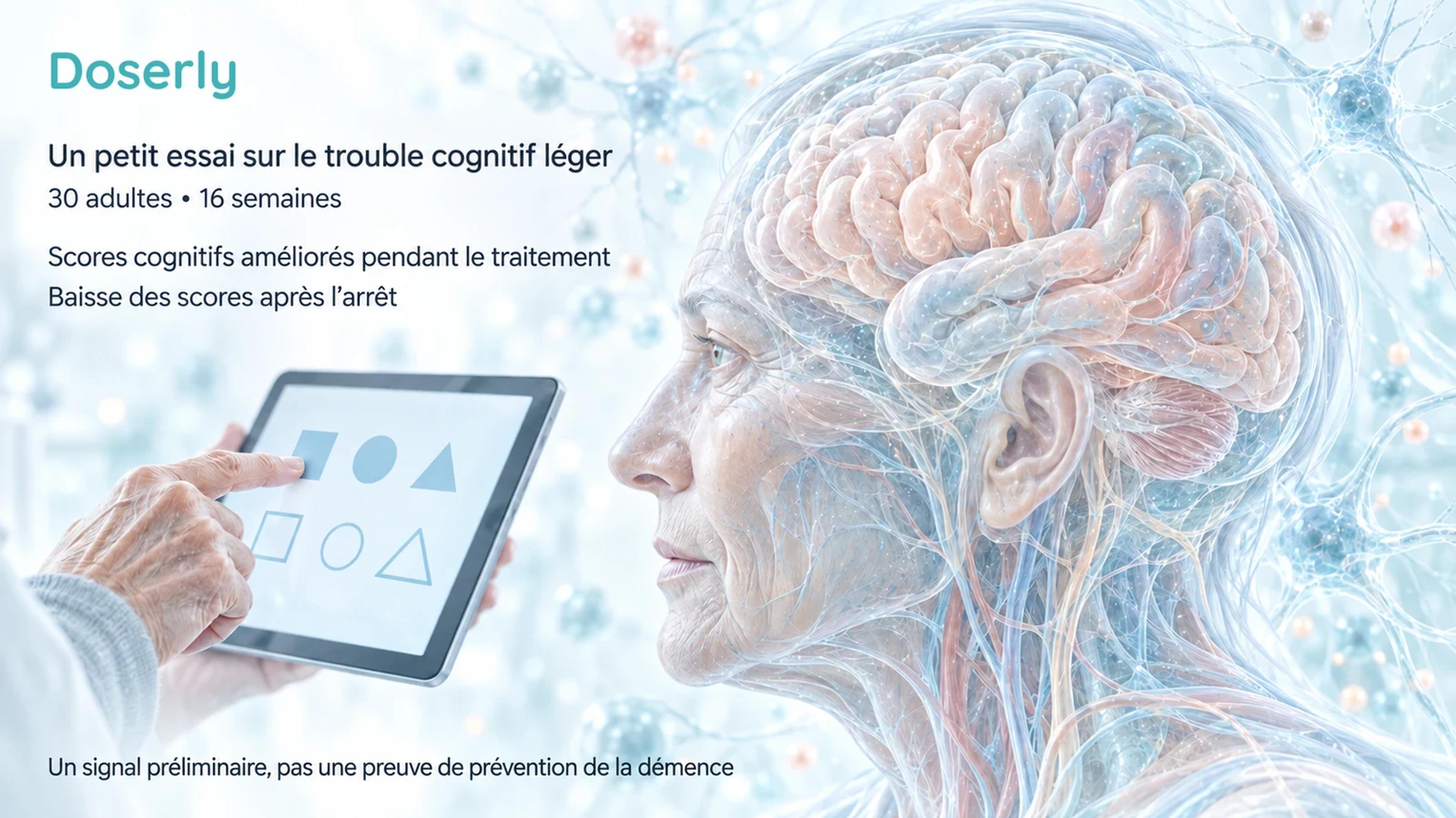 La tête translucide d’un adulte âgé et une tablette illustrant une évaluation cognitive accompagnent l’essai sur l’hydne hérisson de 16 semaines auprès de 30 personnes et la baisse des scores après le traitement.