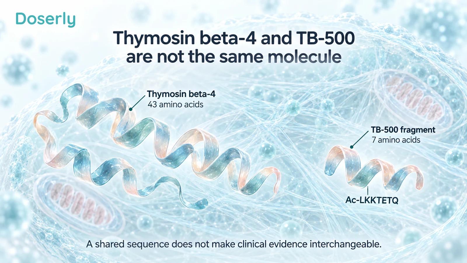 Conceptual long thymosin beta-4 ribbon and short TB-500 fragment against a translucent cellular actin network.
