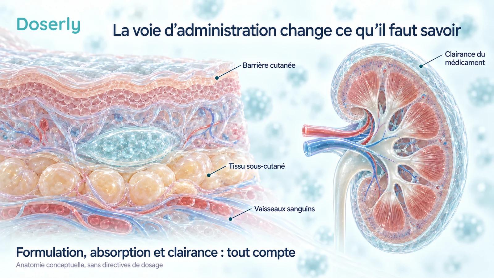 La peau et le tissu sous-cutané translucides apparaissent à côté d’une coupe du rein, illustrant l’administration et la clairance du médicament comme deux aspects distincts.