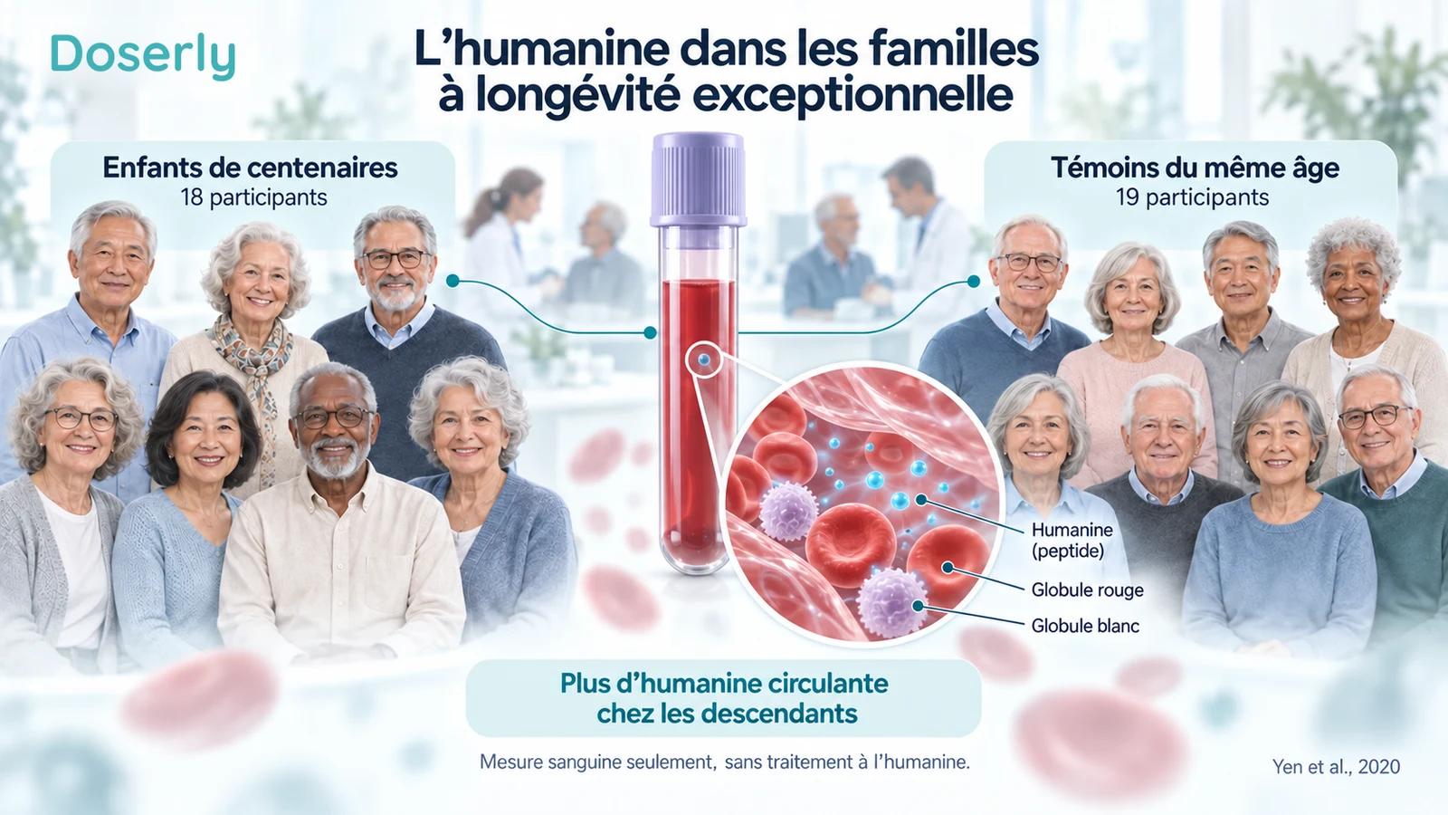 Des groupes illustrés représentant les enfants de centenaires et les témoins du même âge encadrent un échantillon de sang et des cellules sanguines agrandies.