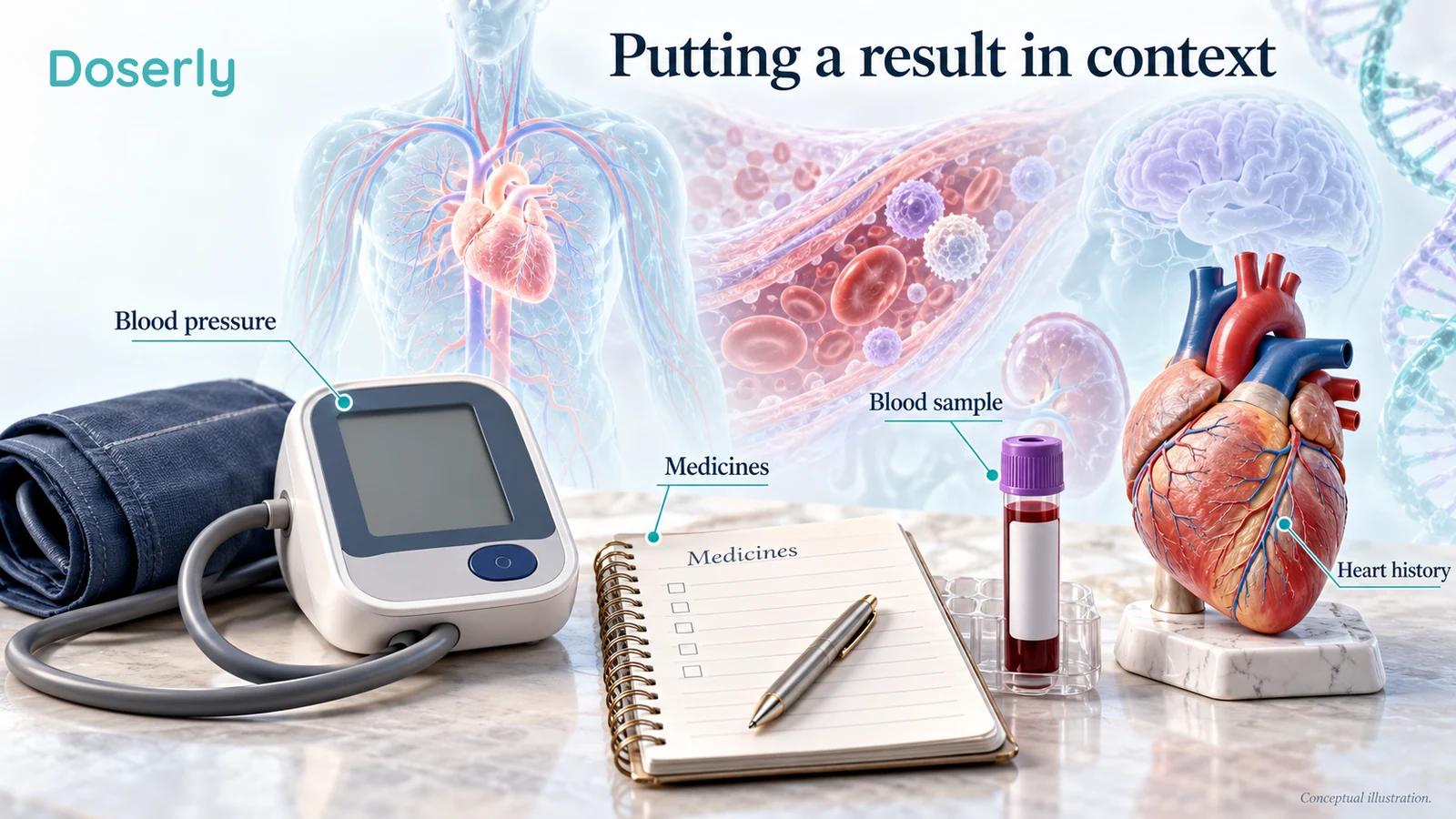 Blood pressure equipment, a medication list and a blood sample illustrate clinical context for an inflammation result.
