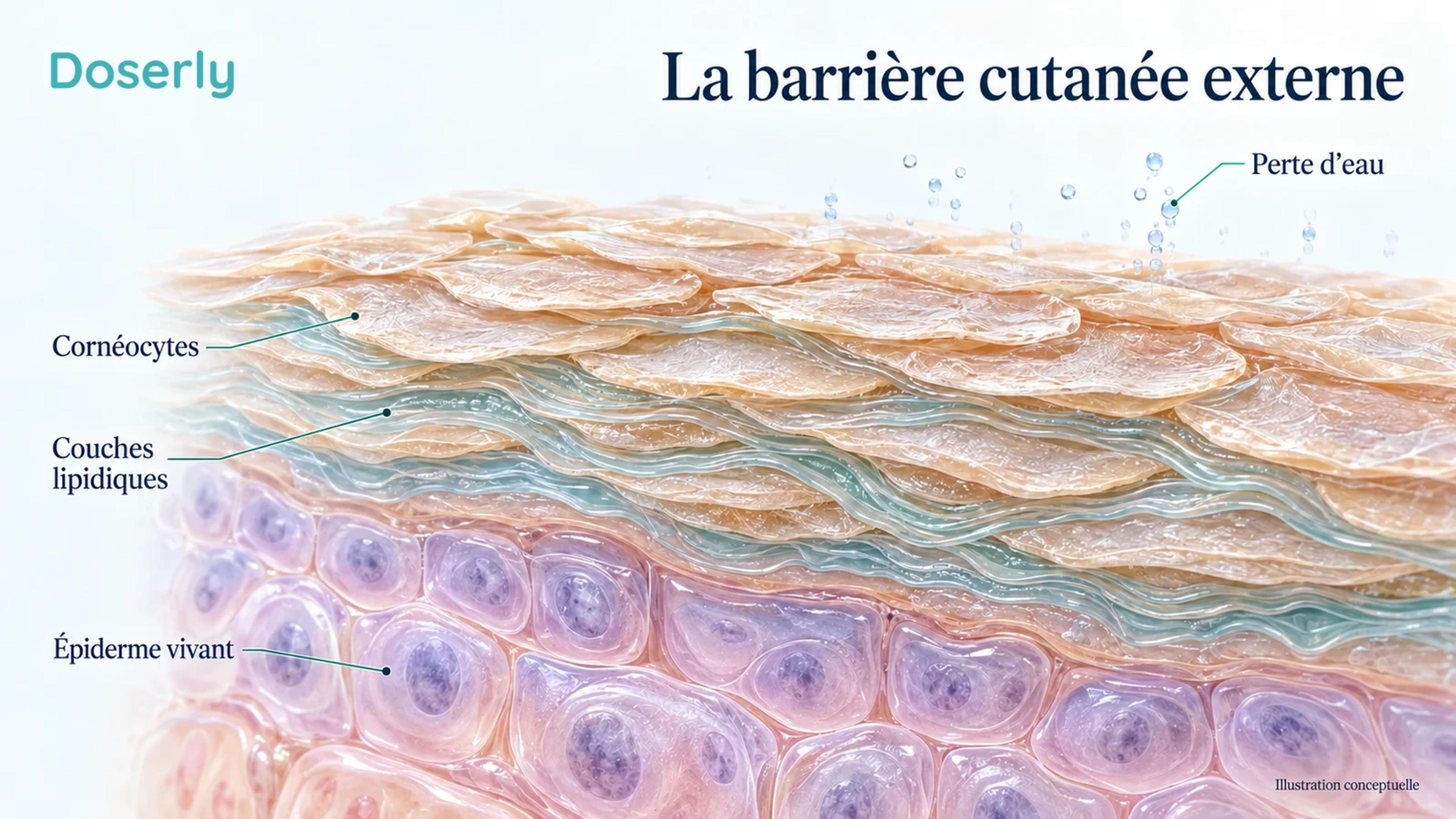 Vue agrandie de la couche externe de la peau montrant des cornéocytes aplatis entourés de couches lipidiques au-dessus de cellules épidermiques vivantes.