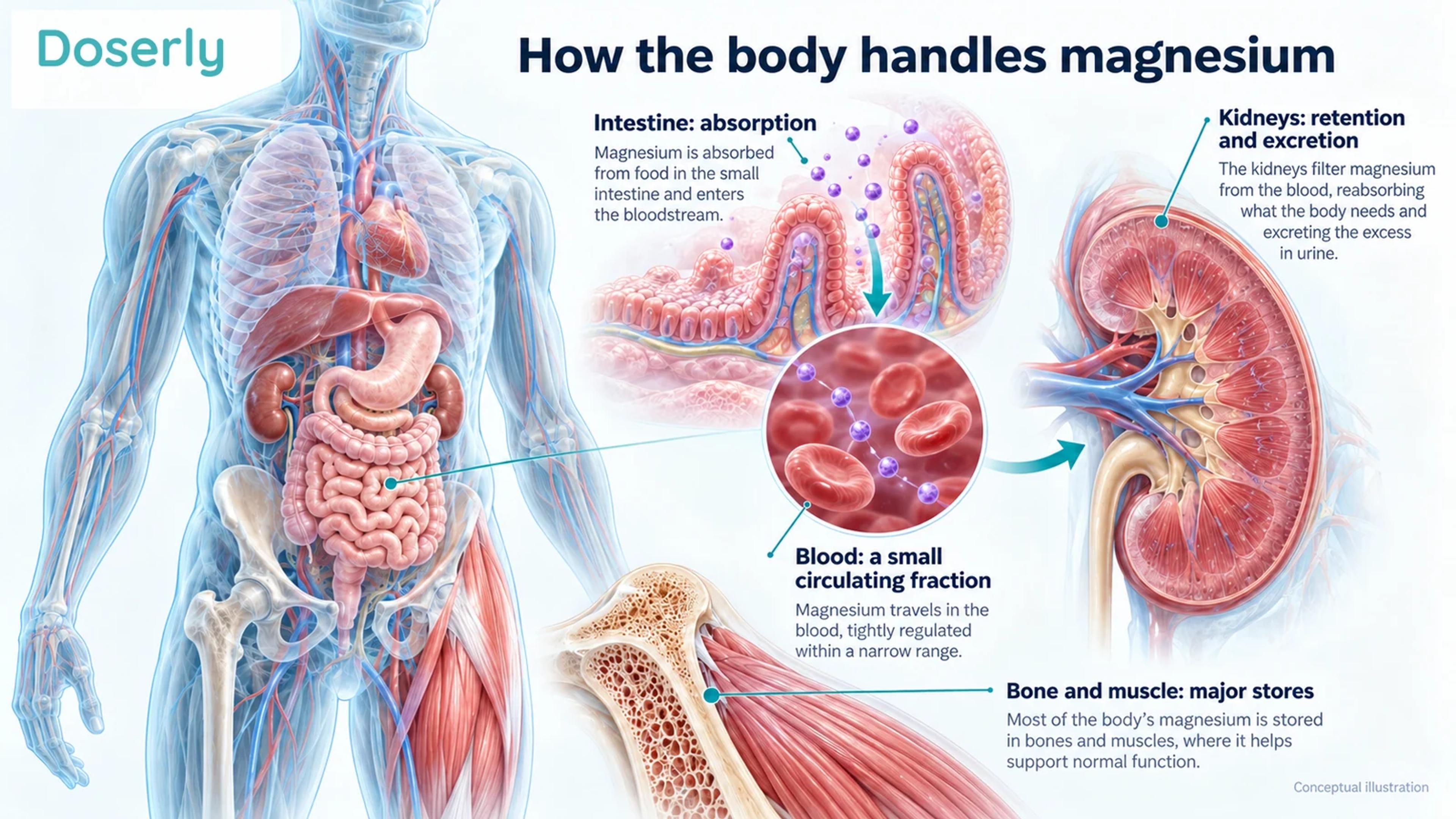 A translucent body, intestinal villi, kidney and bone-muscle detail show where magnesium is absorbed, stored and regulated.