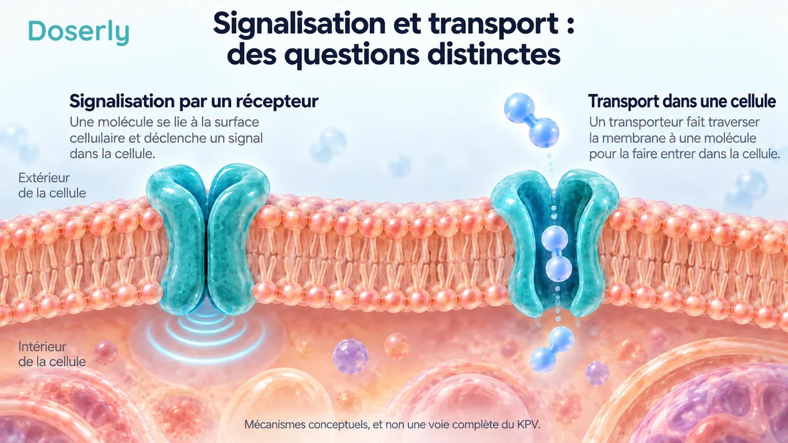 Des protéines membranaires schématiques illustrent la différence entre la signalisation par un récepteur et le passage d’une molécule dans une cellule.