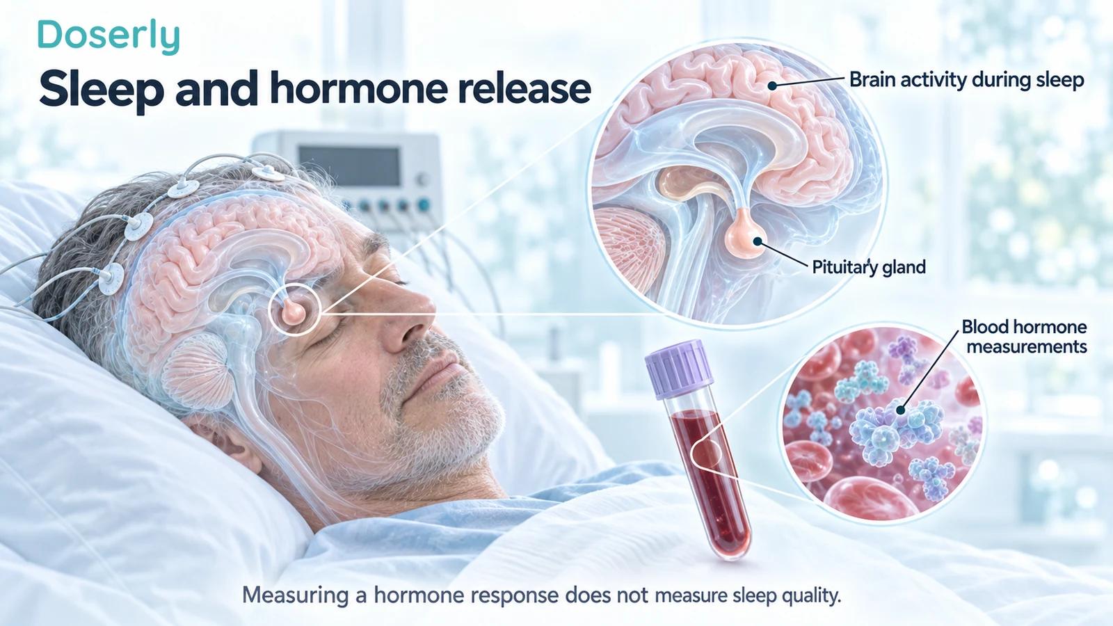 Sleeping adult with brain and pituitary inset beside a separate blood hormone sample.