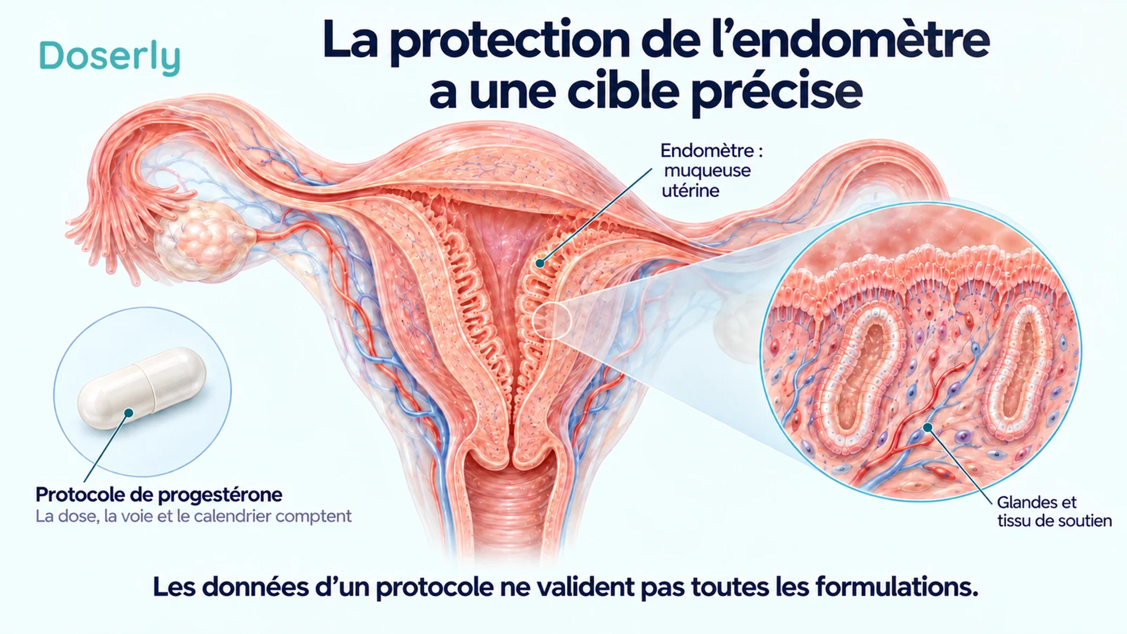 Une coupe détaillée de l’utérus et un encadré de l’endomètre glandulaire montrent le tissu ciblé par un protocole de progestérone.