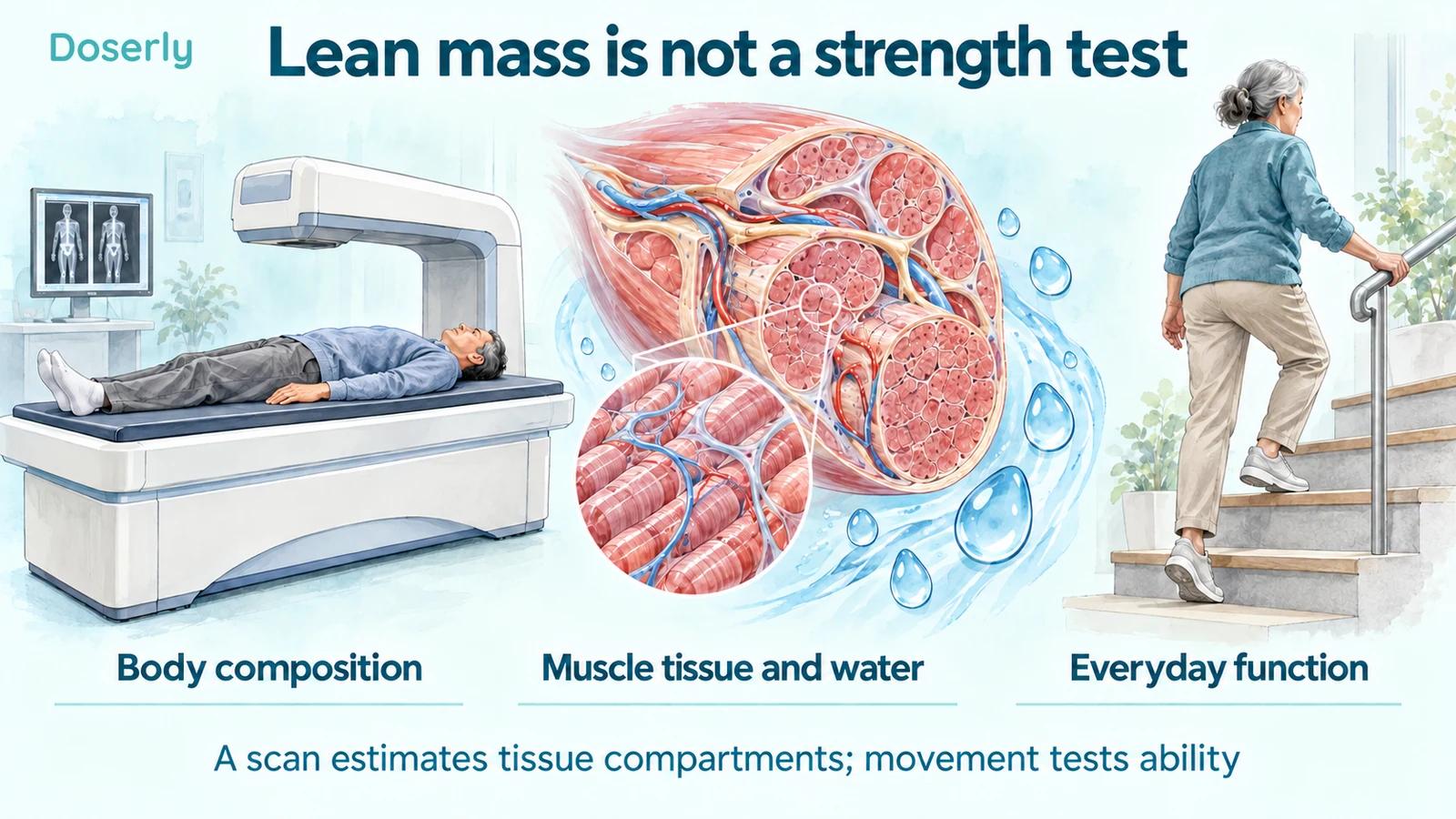 An illustrated DXA scanner, detailed muscle tissue with water, and a person climbing stairs distinguish body composition from everyday function.