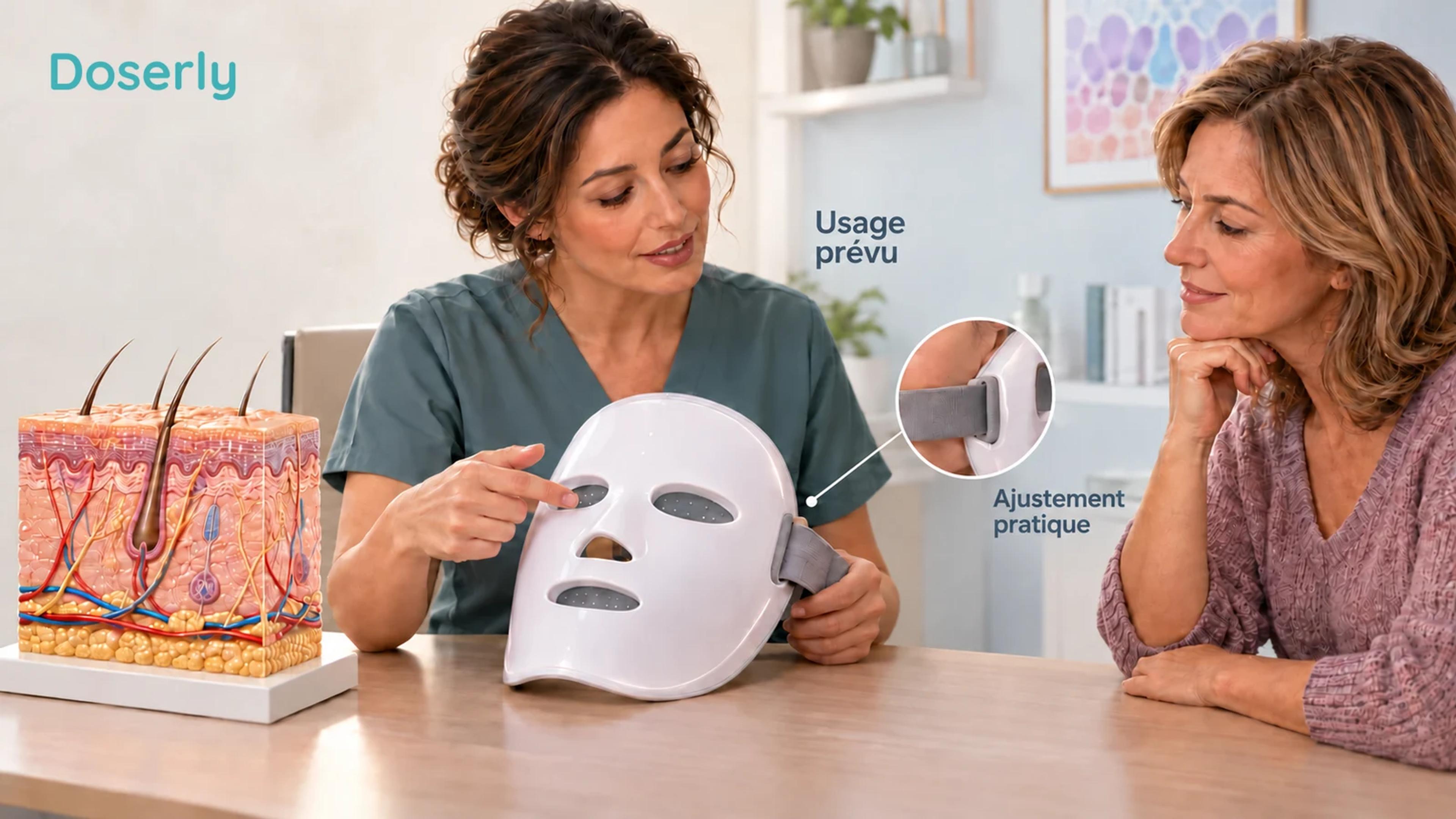 Un clinicien et un adulte examinent un appareil facial éteint près d’un modèle détaillé de la peau pendant une consultation.