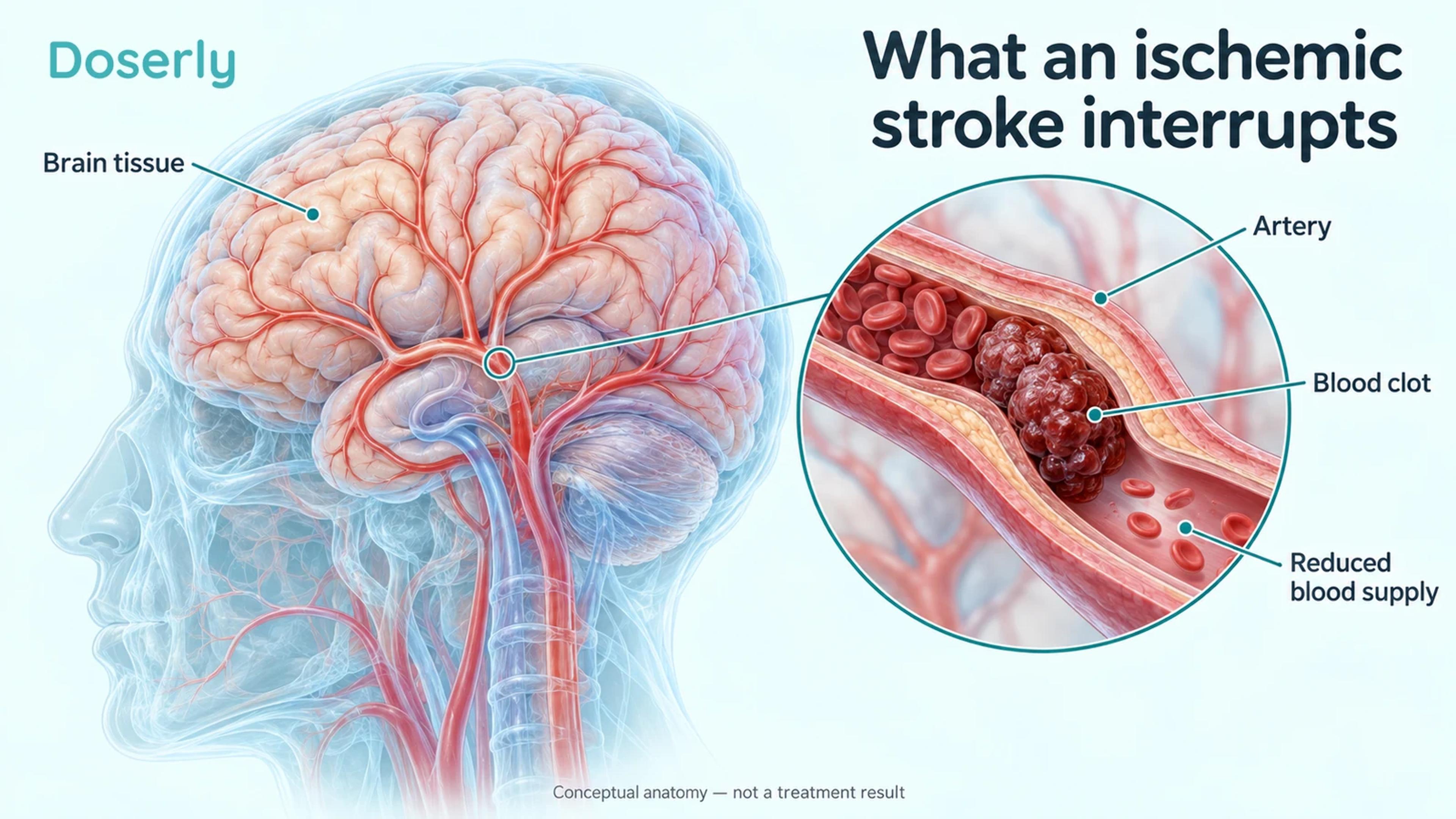 Detailed brain blood vessels and an enlarged artery showing a clot and reduced downstream blood supply.