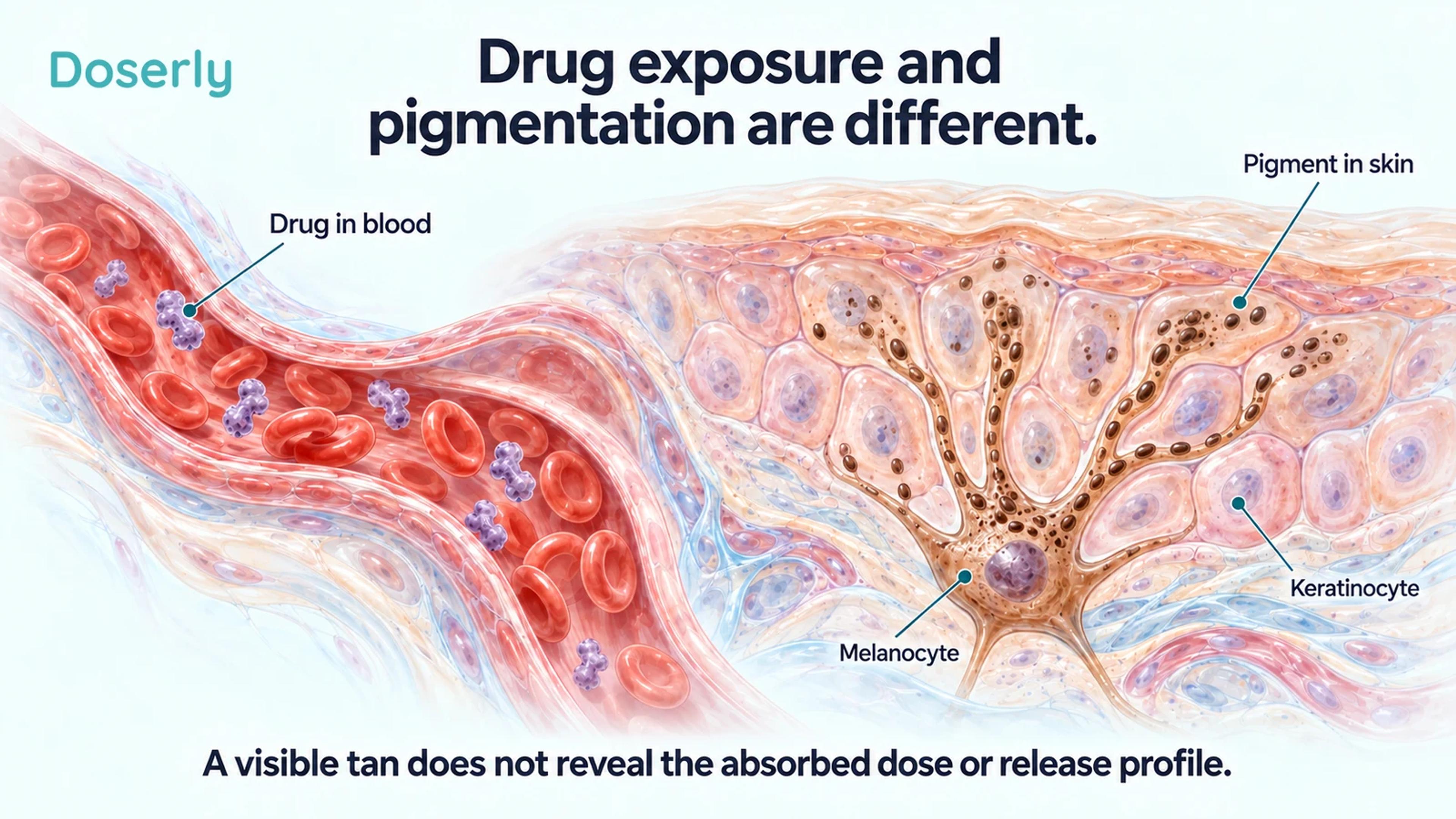 Capillary containing conceptual peptide shapes beside skin cells containing pigment granules.
