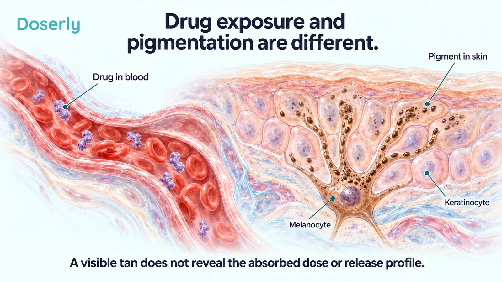 Capillary containing conceptual peptide shapes beside skin cells containing pigment granules.