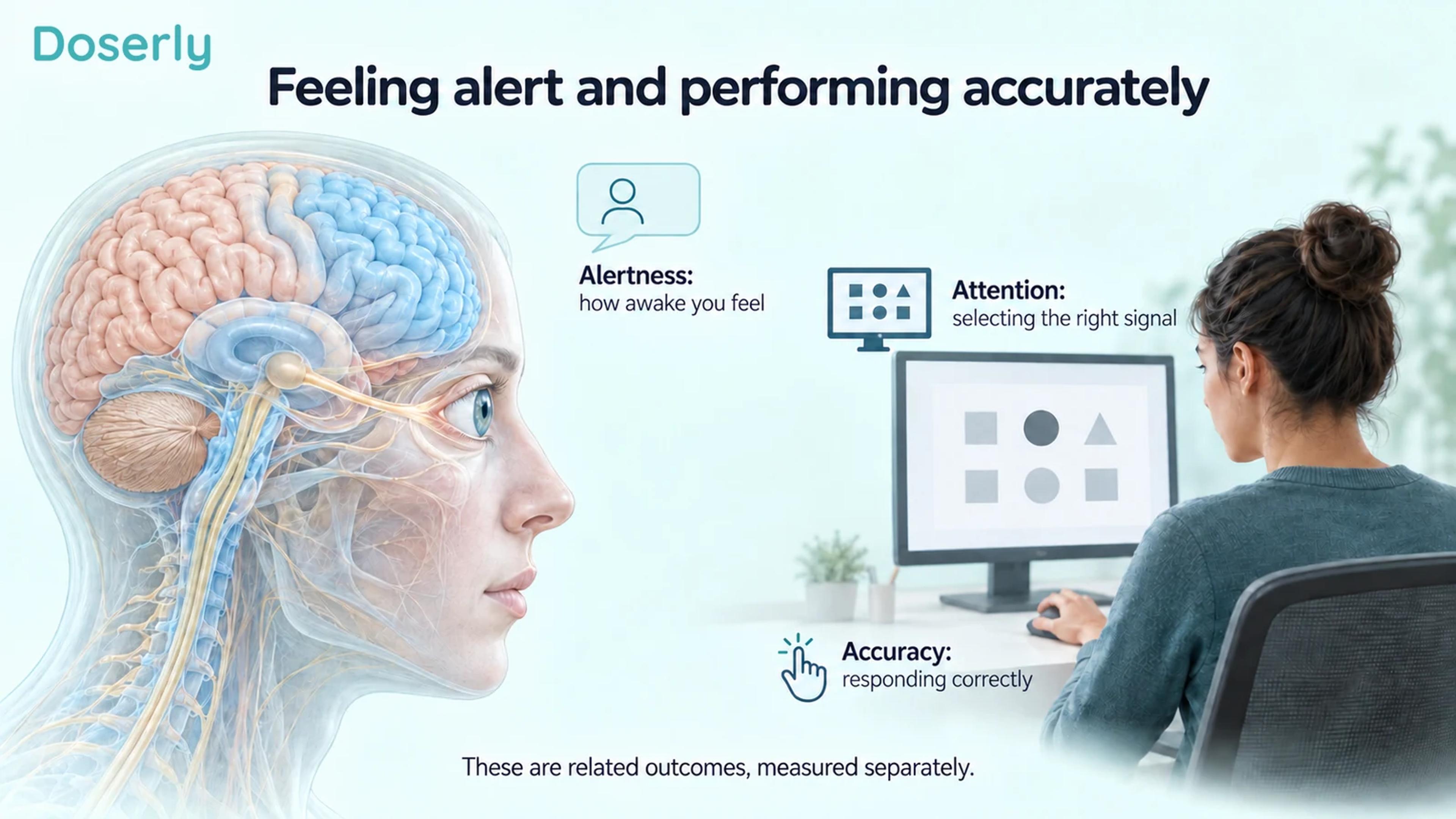 A translucent head and brain beside a person completing a visual task, illustrating alertness, attention and accuracy.