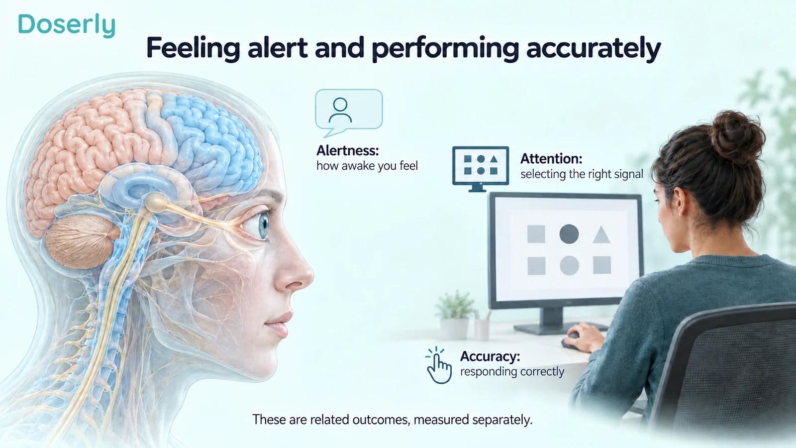 A translucent head and brain beside a person completing a visual task, illustrating alertness, attention and accuracy.