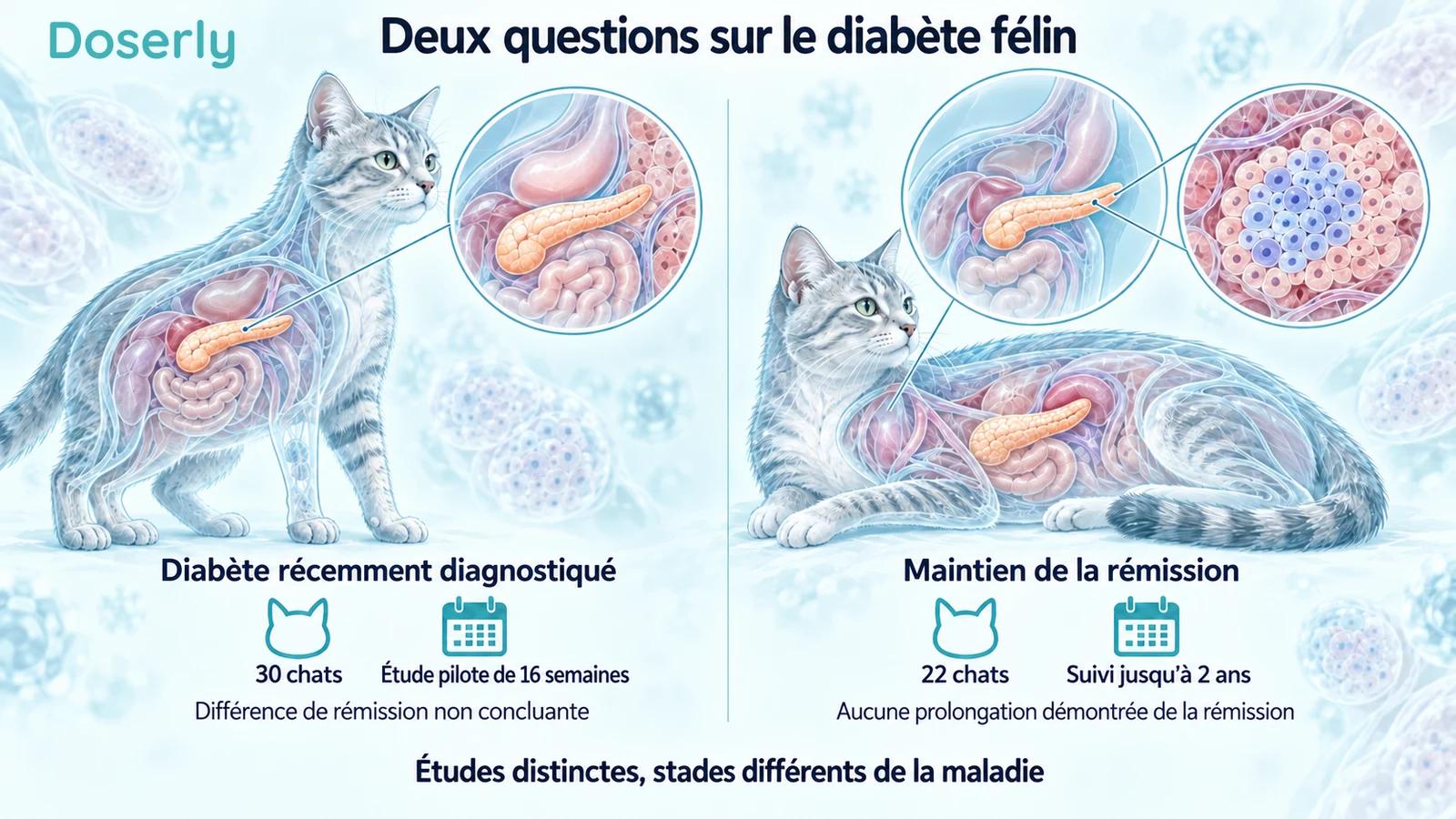 Deux illustrations anatomiques félines expliquent un essai pilote chez 30 chats dont le diabète venait d’être diagnostiqué et une étude du maintien de la rémission chez 22 chats.
