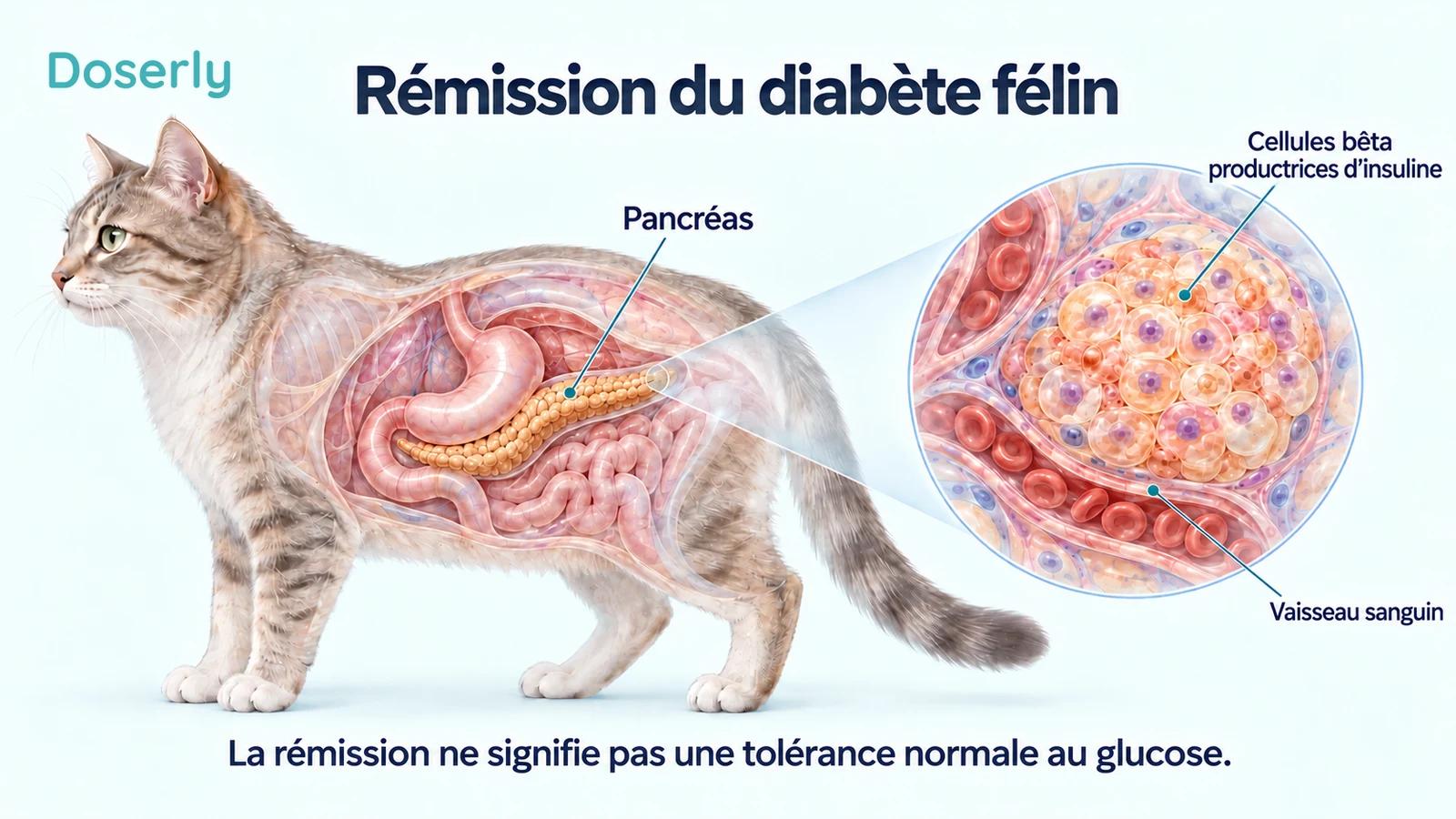 Illustration translucide de l’abdomen d’un chat, avec un agrandissement d’un îlot pancréatique et de ses cellules bêta productrices d’insuline.