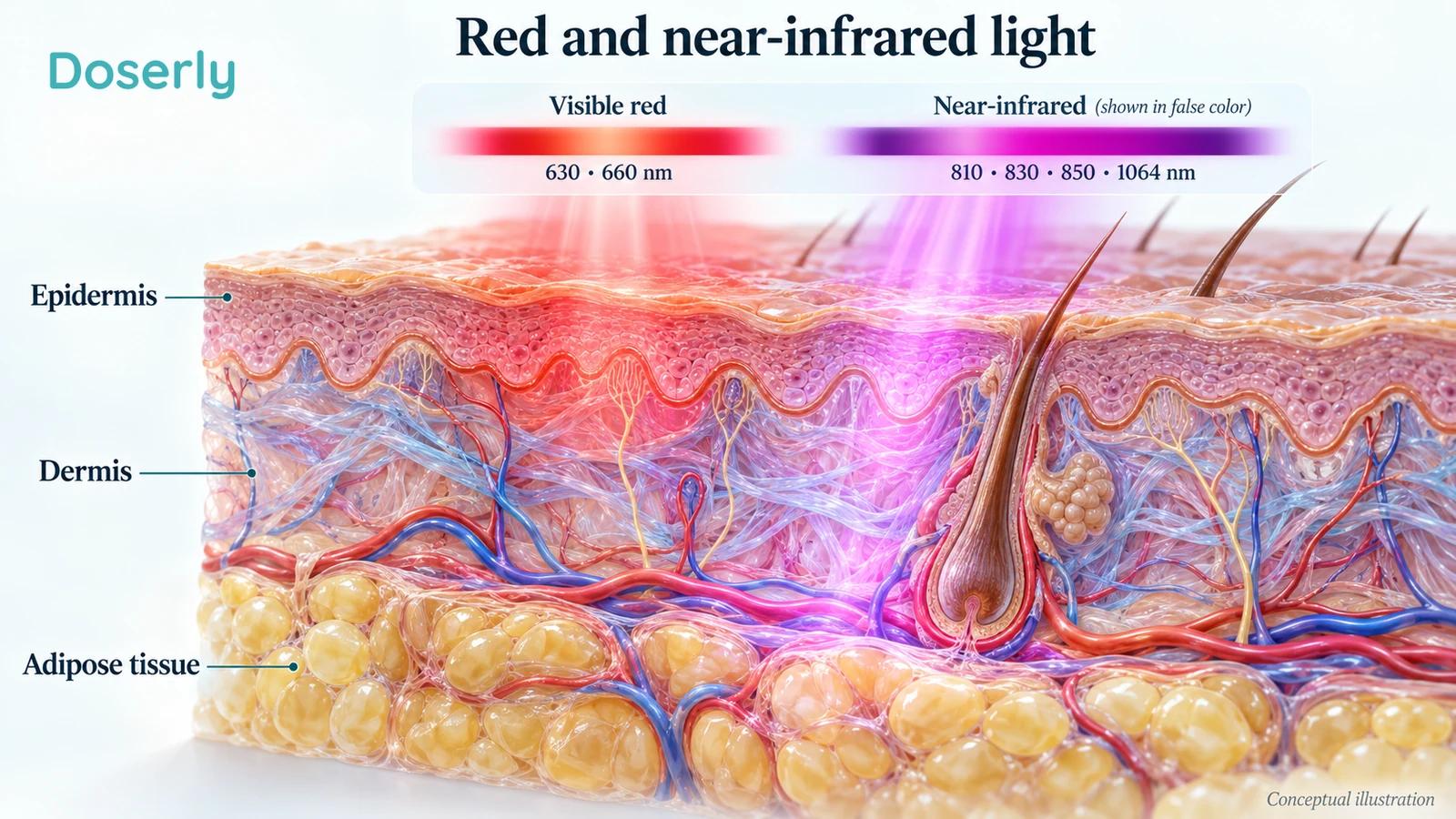 Conceptual visible red and invisible near-infrared bands positioned beside a detailed skin cross-section.