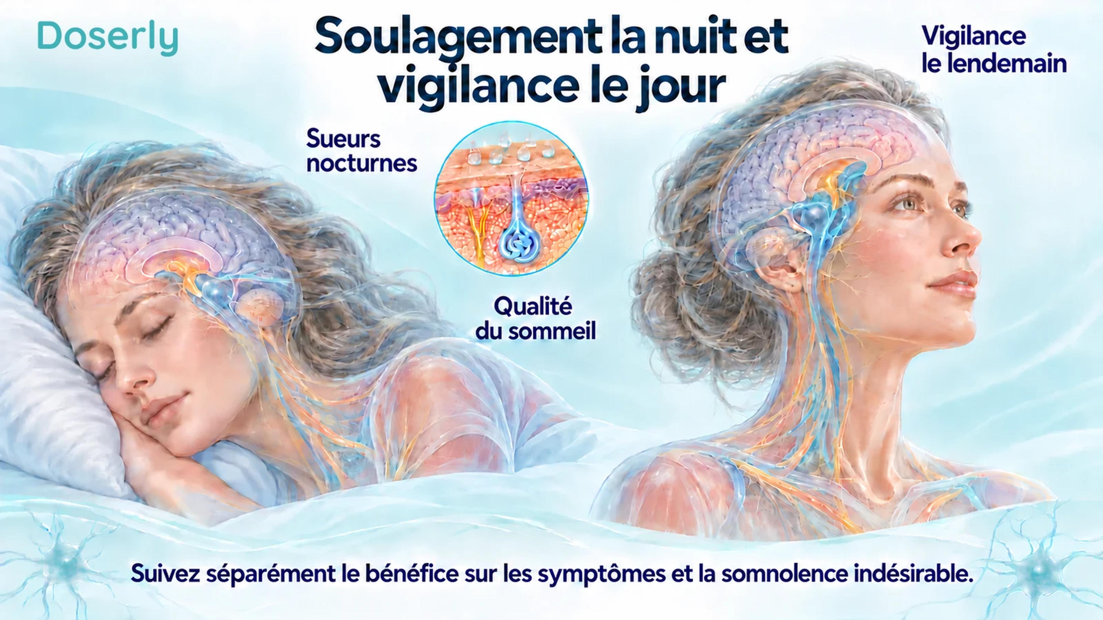 Illustration d’une femme endormie et éveillée à côté d’un encadré sur une glande sudoripare, distinguant les sueurs nocturnes, la qualité du sommeil et la vigilance le lendemain.