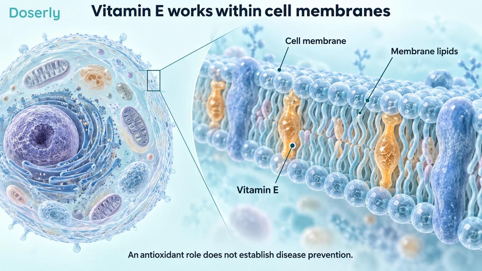 Human cell and magnified lipid membrane with simplified vitamin E shapes.