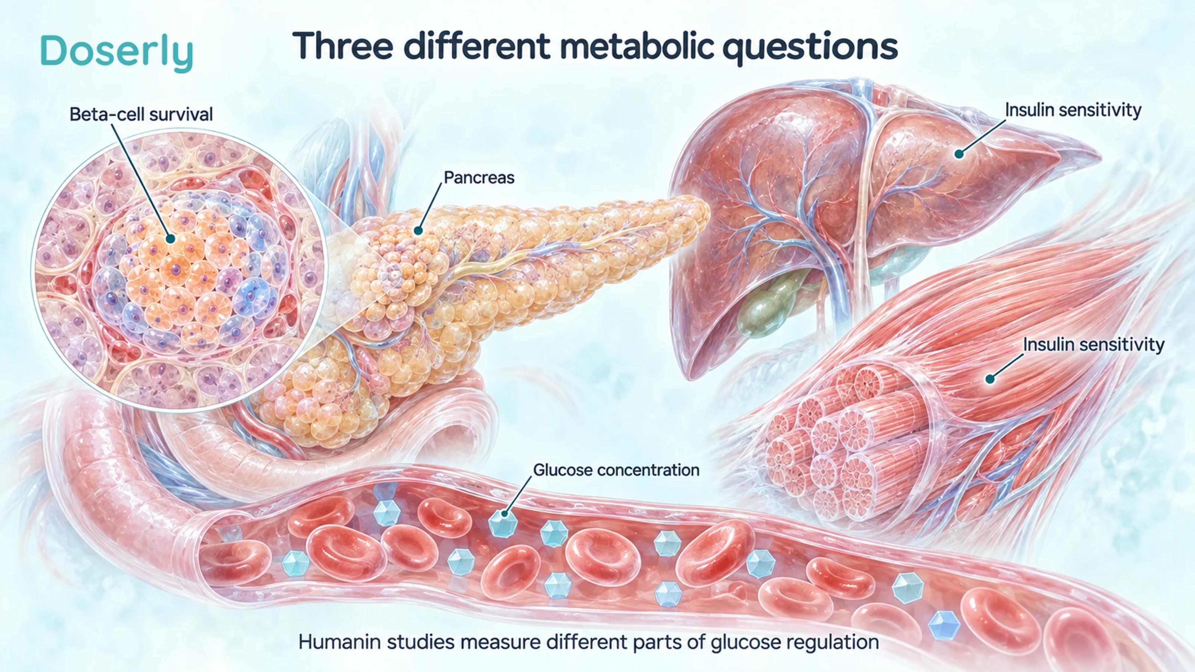 Pancreas and enlarged islet, liver and skeletal muscle, and glucose-containing blood shown as distinct metabolic questions